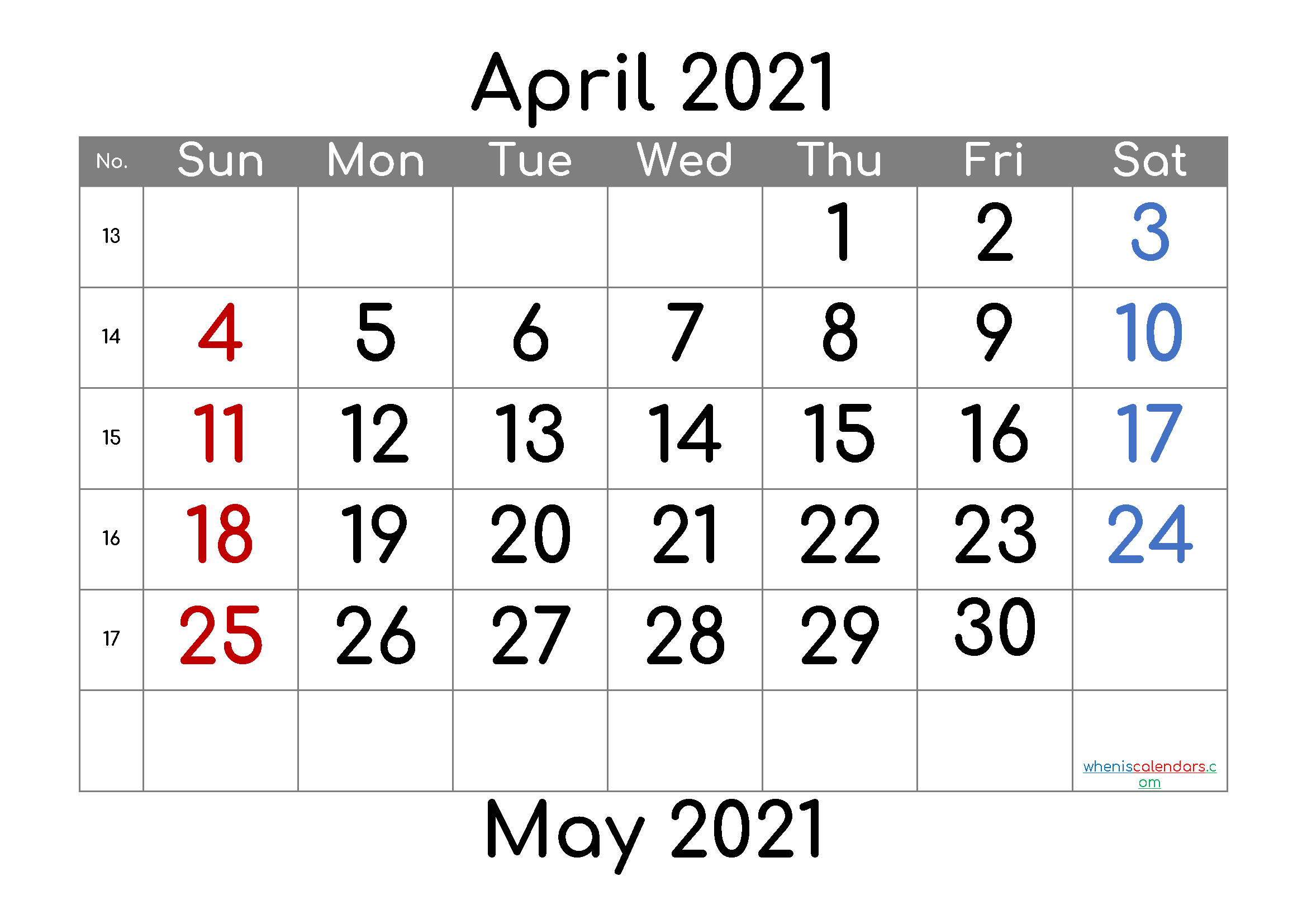 Calendar April 2021 Free Printable
