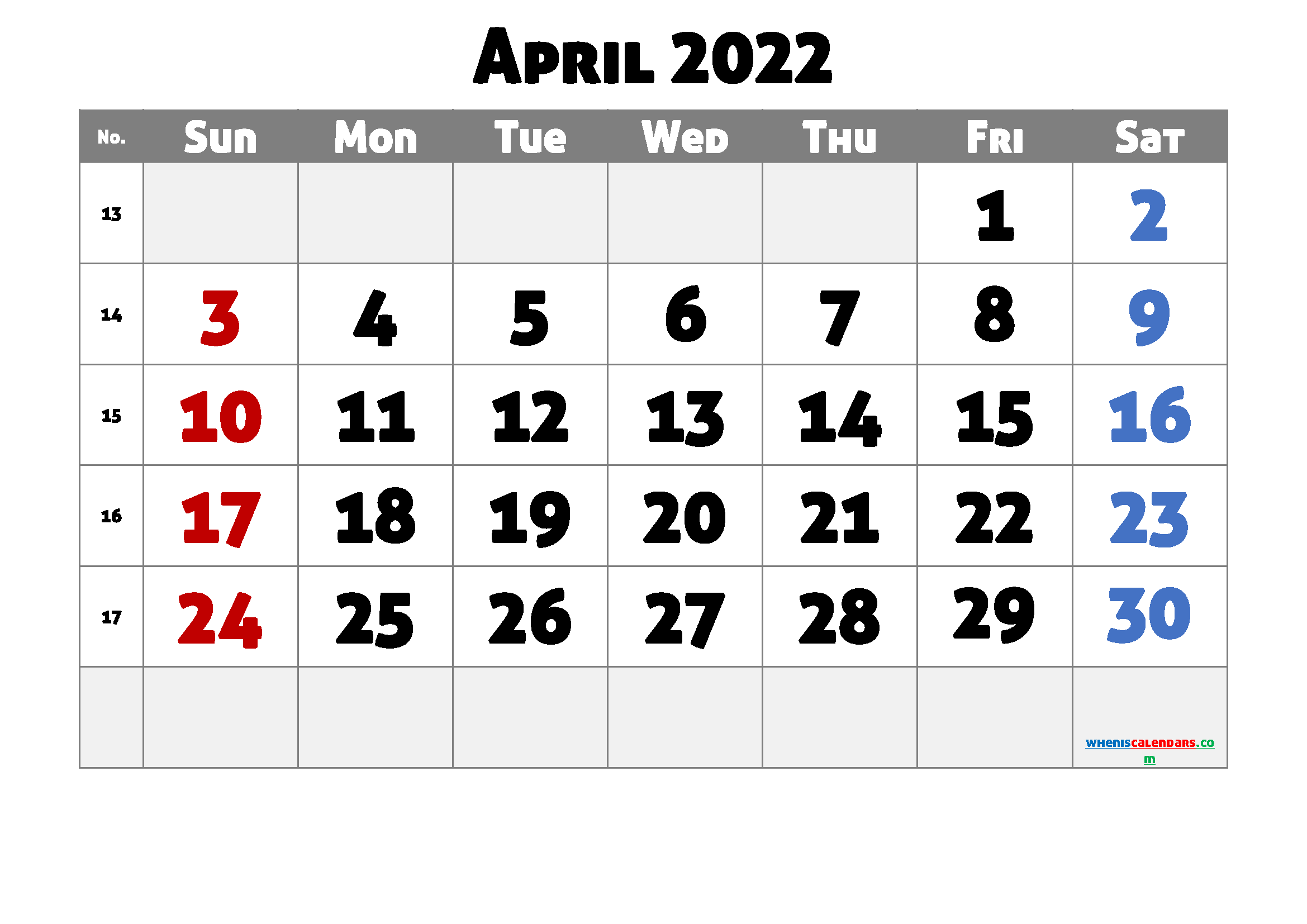 Free April 2022 Calendar with Holidays