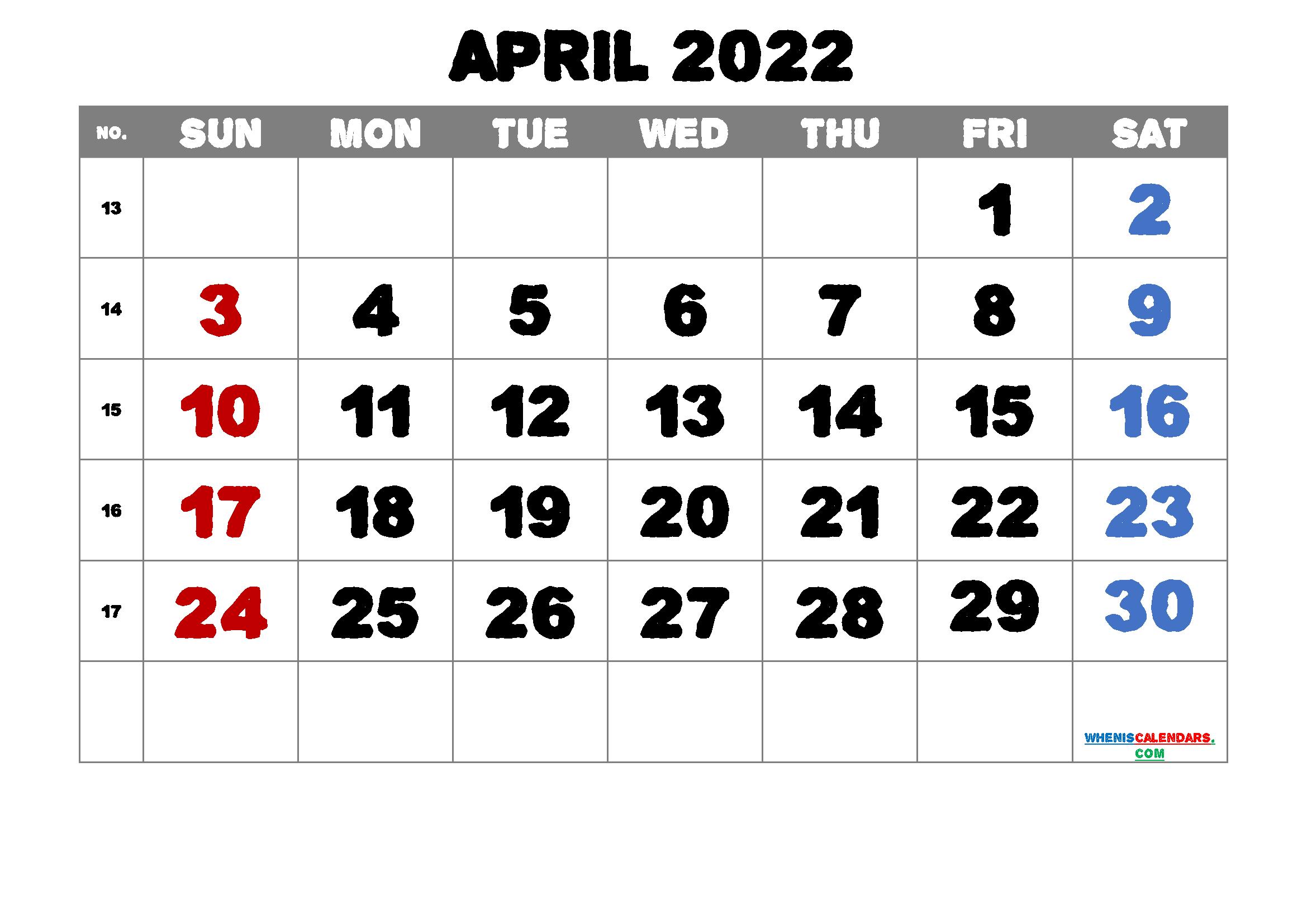 Free Printable Calendar 2022 April