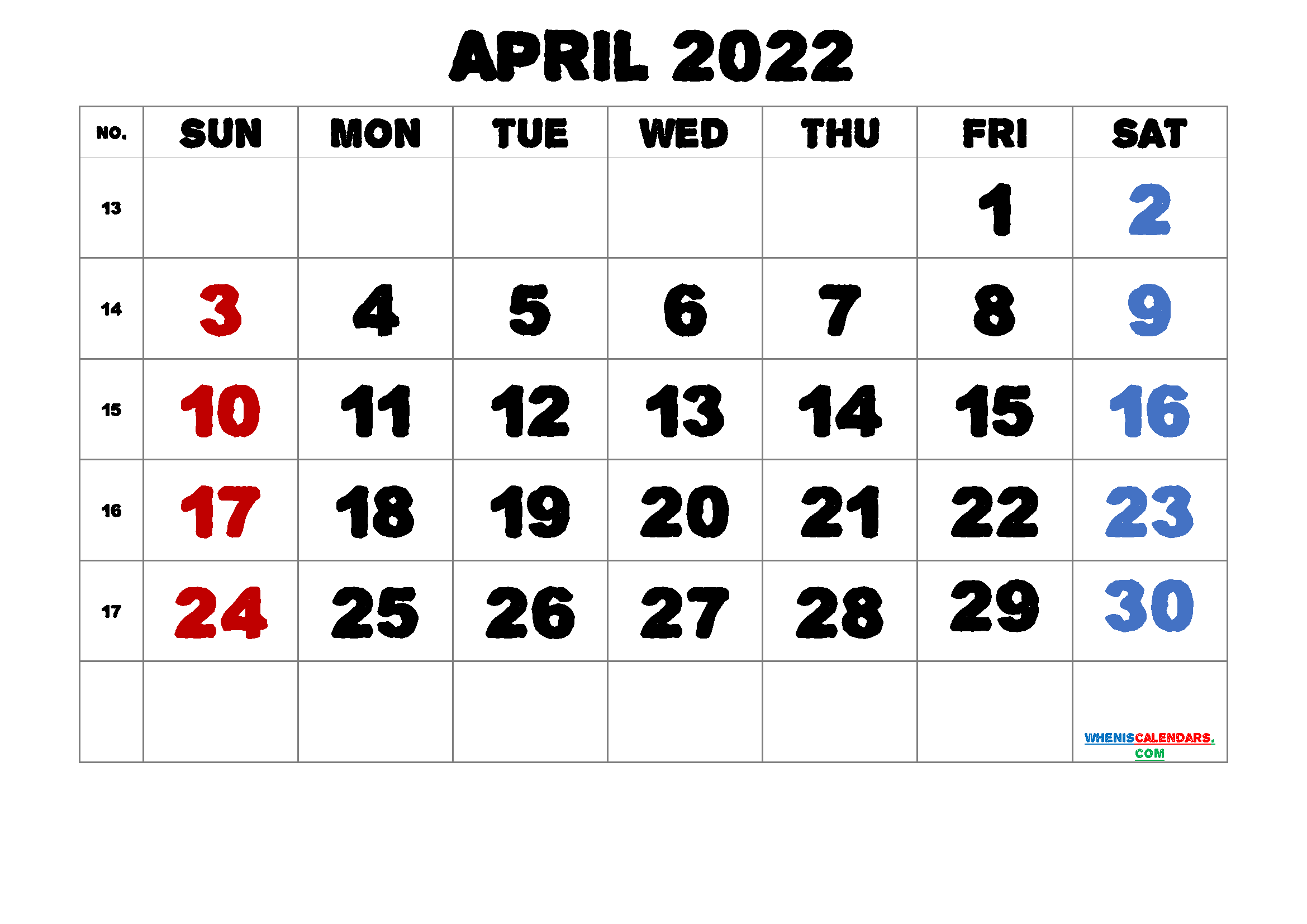 Free April Blank Calendar 2022