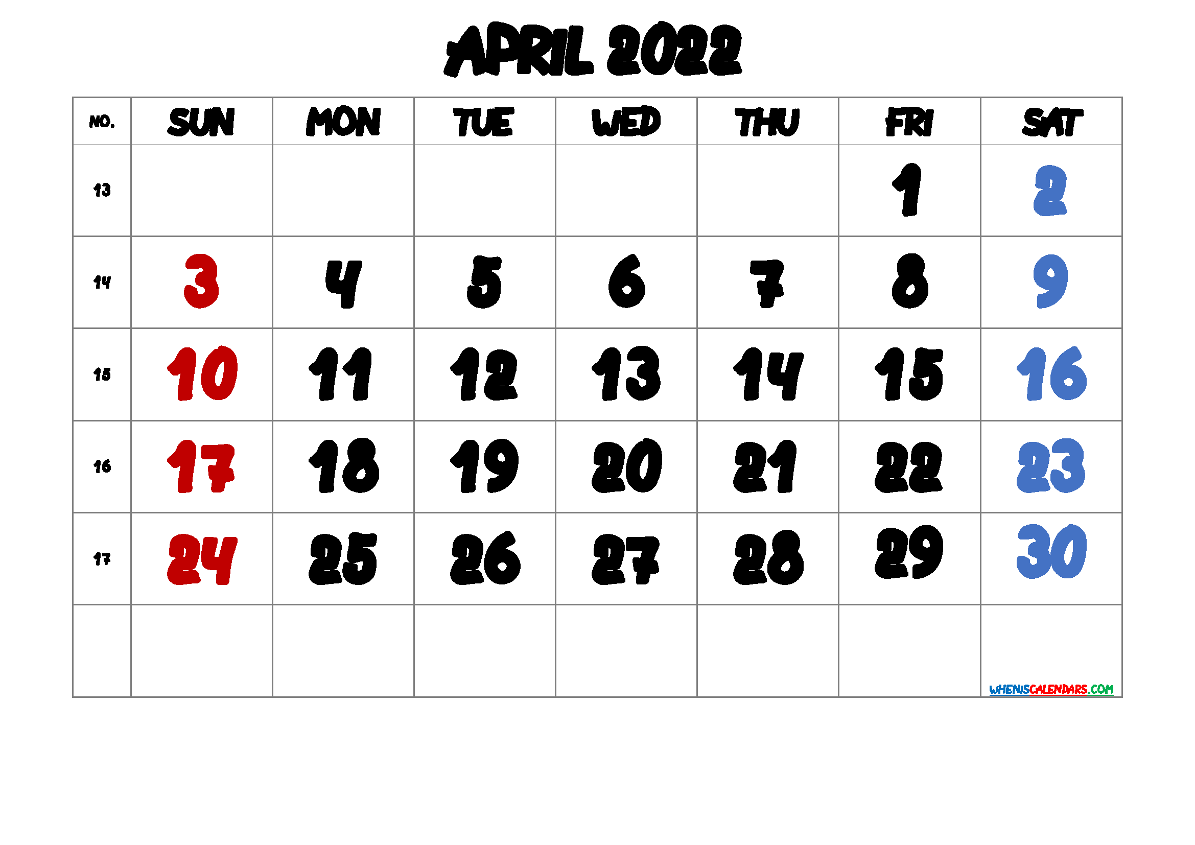 Free Printable 2022 Calendar April