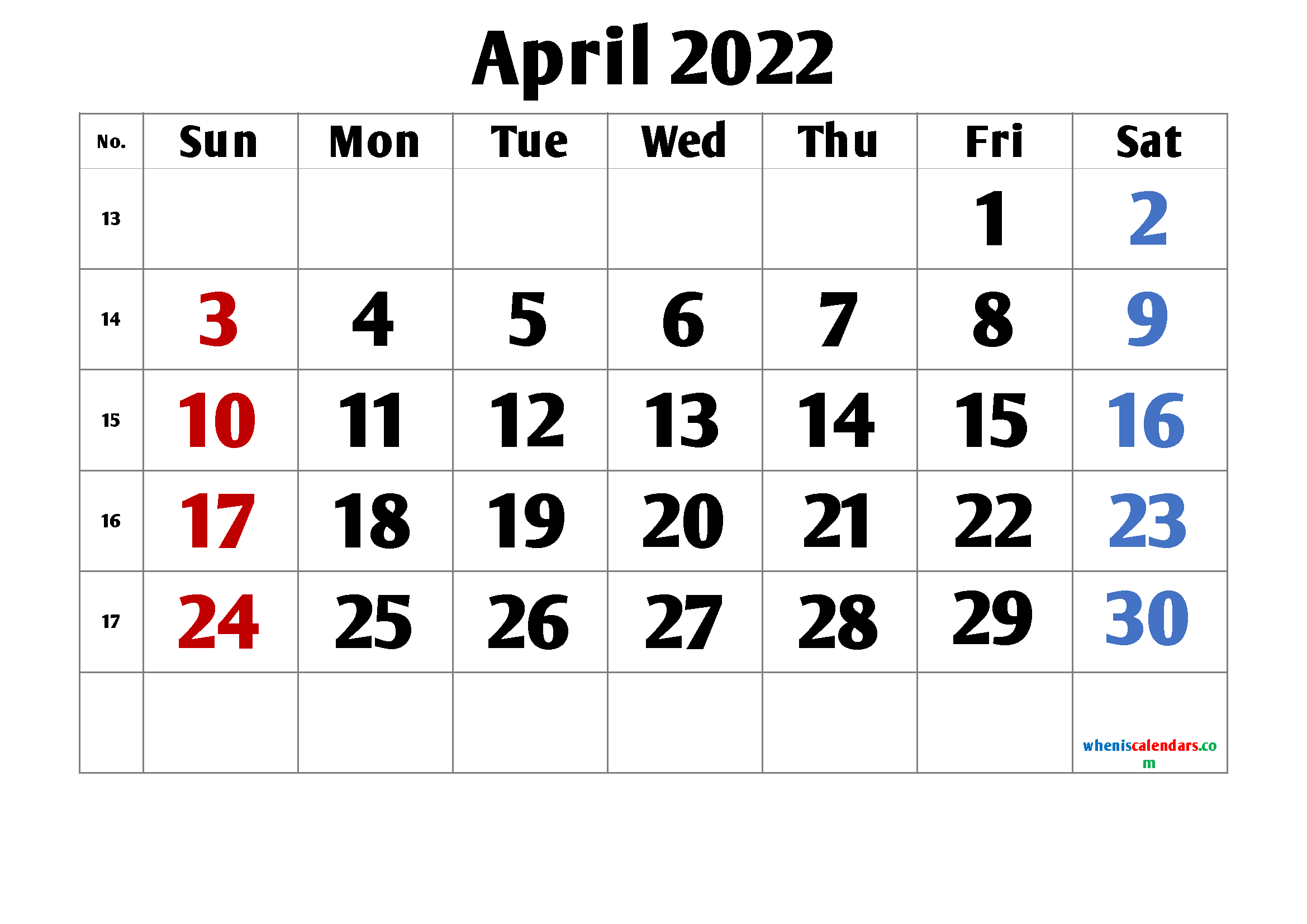 Printable April 2022 Calendar Free