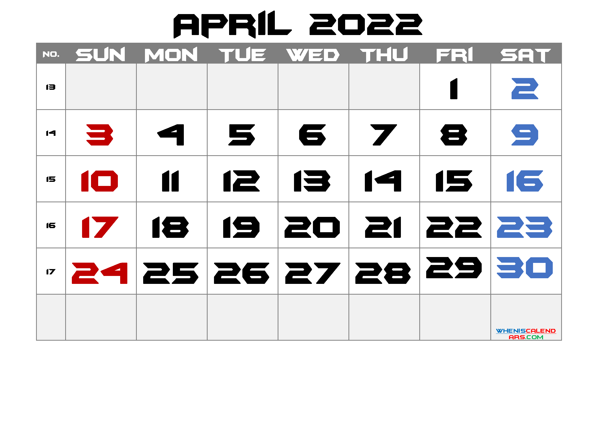 Free Printable April Calendar 2022