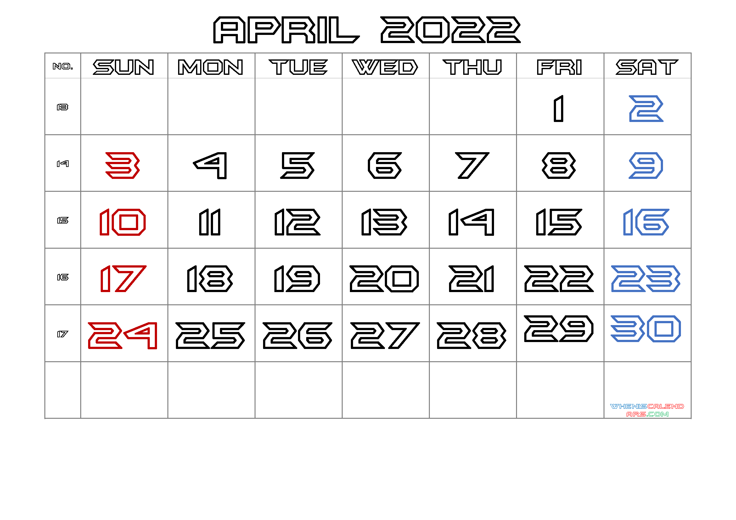Free Printable 2022 Calendar April