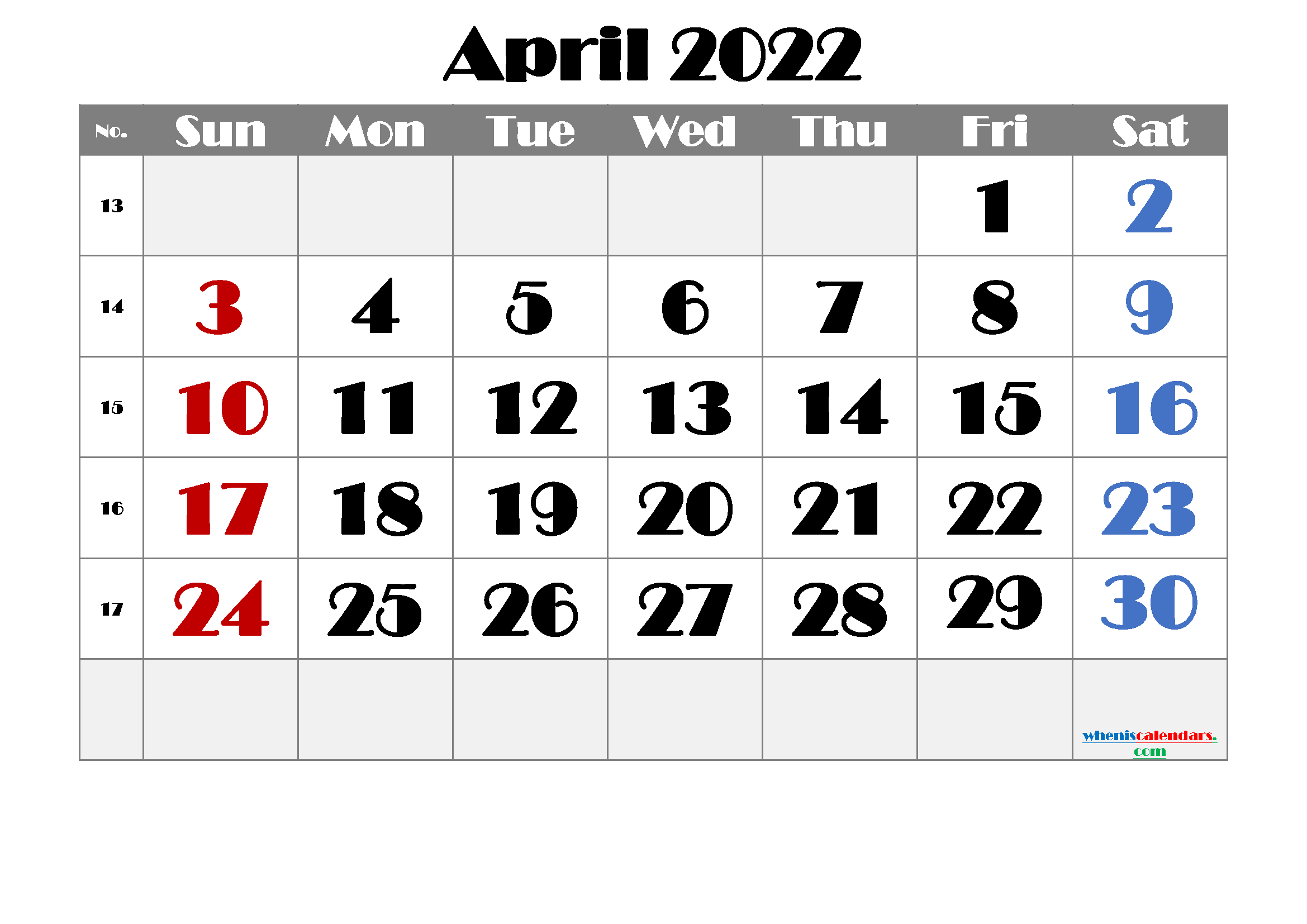 Free April 2022 Calendar with Holidays