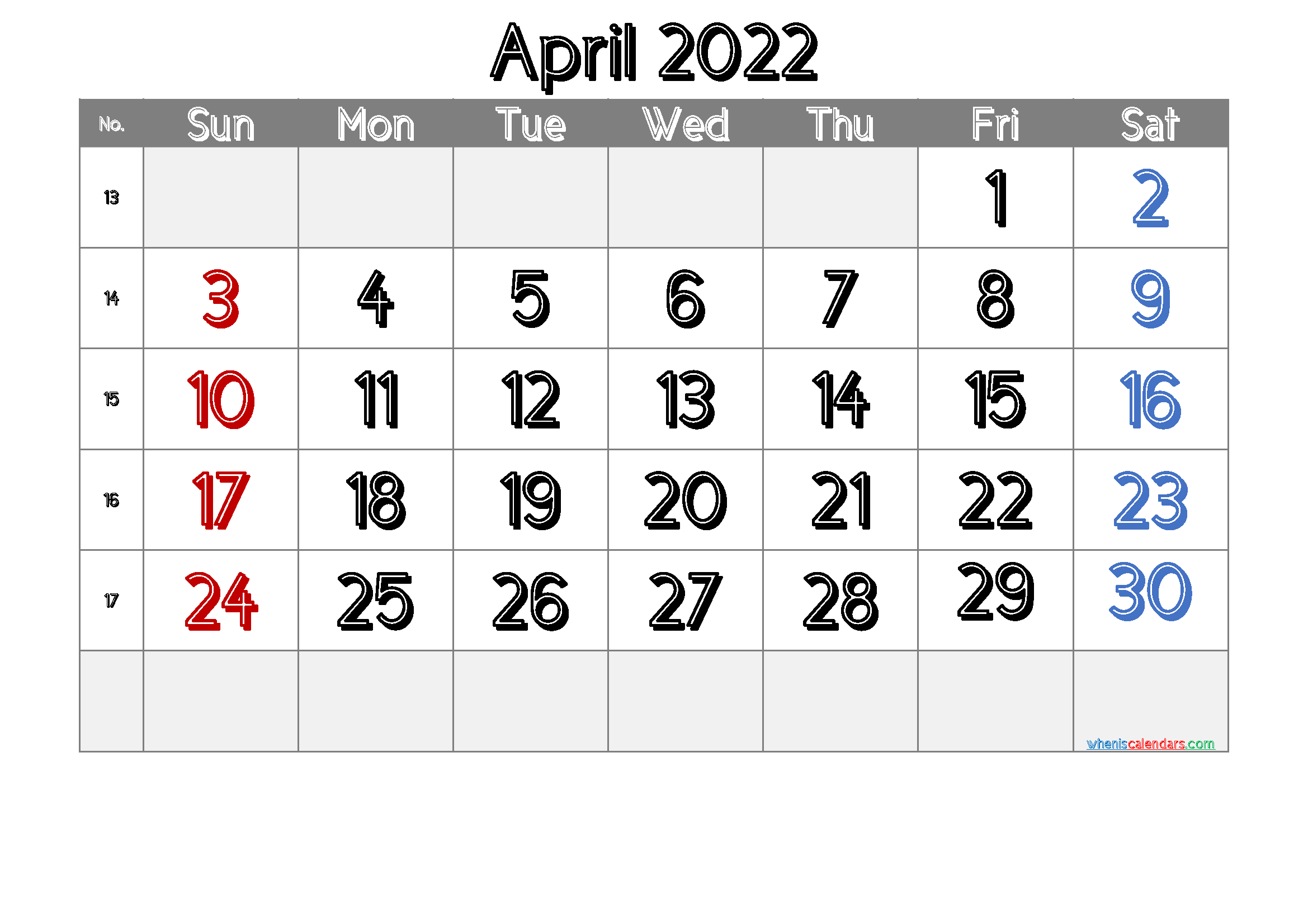 Printable April 2022 Calendar Free