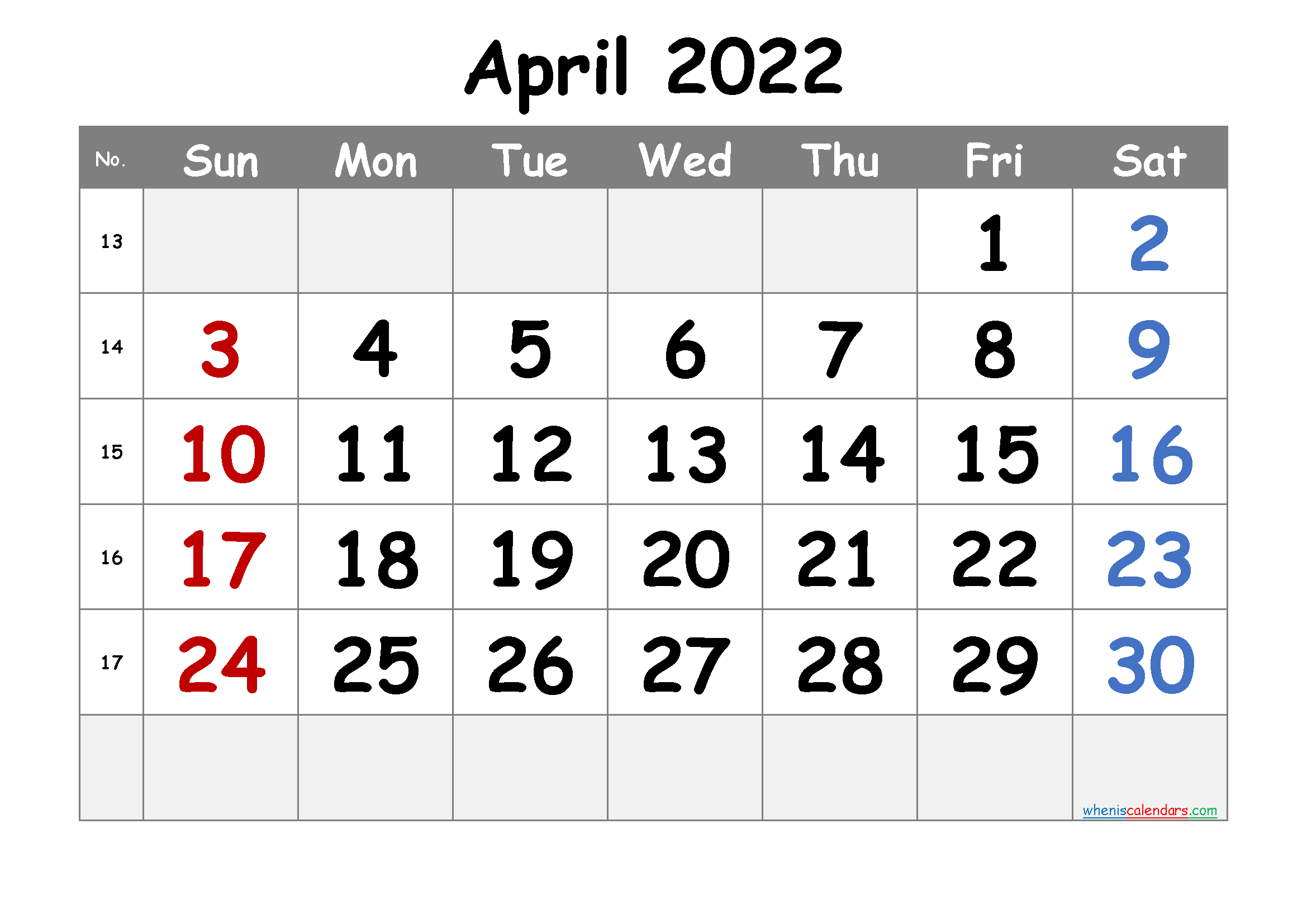 Free April Blank Calendar 2022