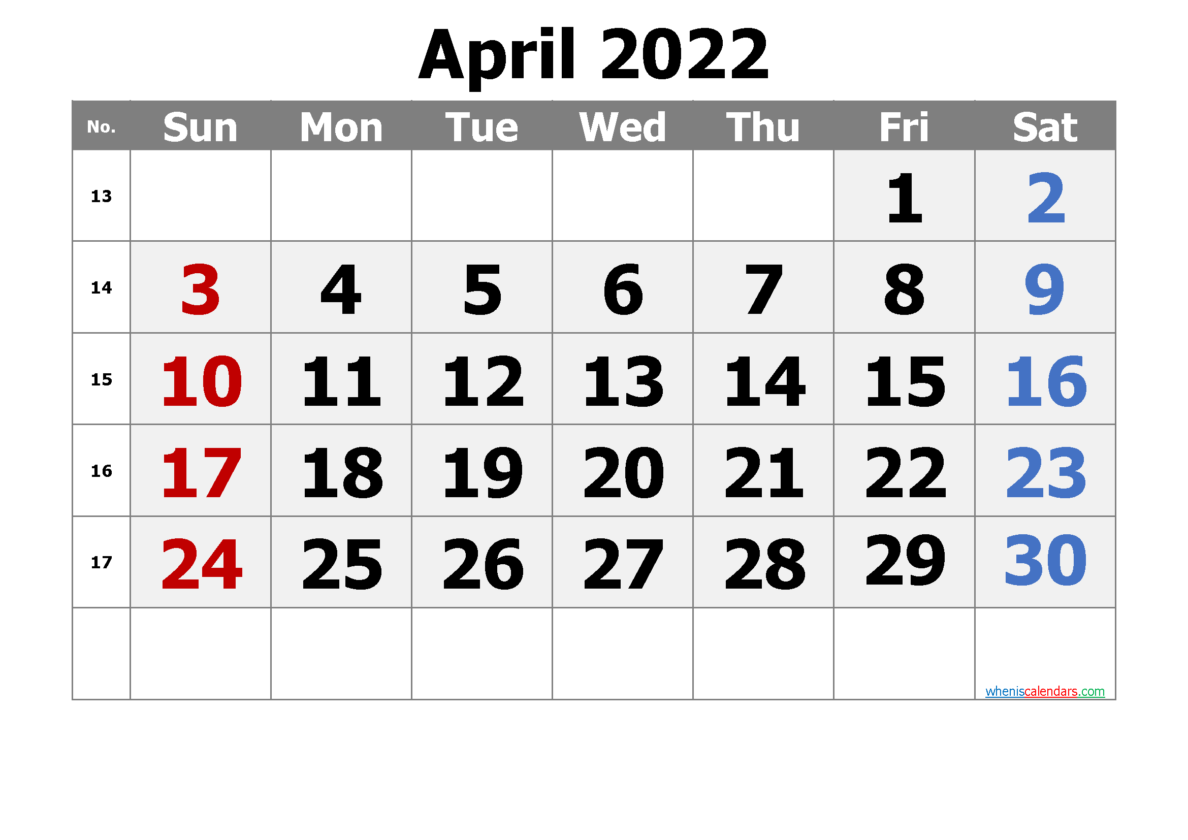 Free Printable April Calendar 2022