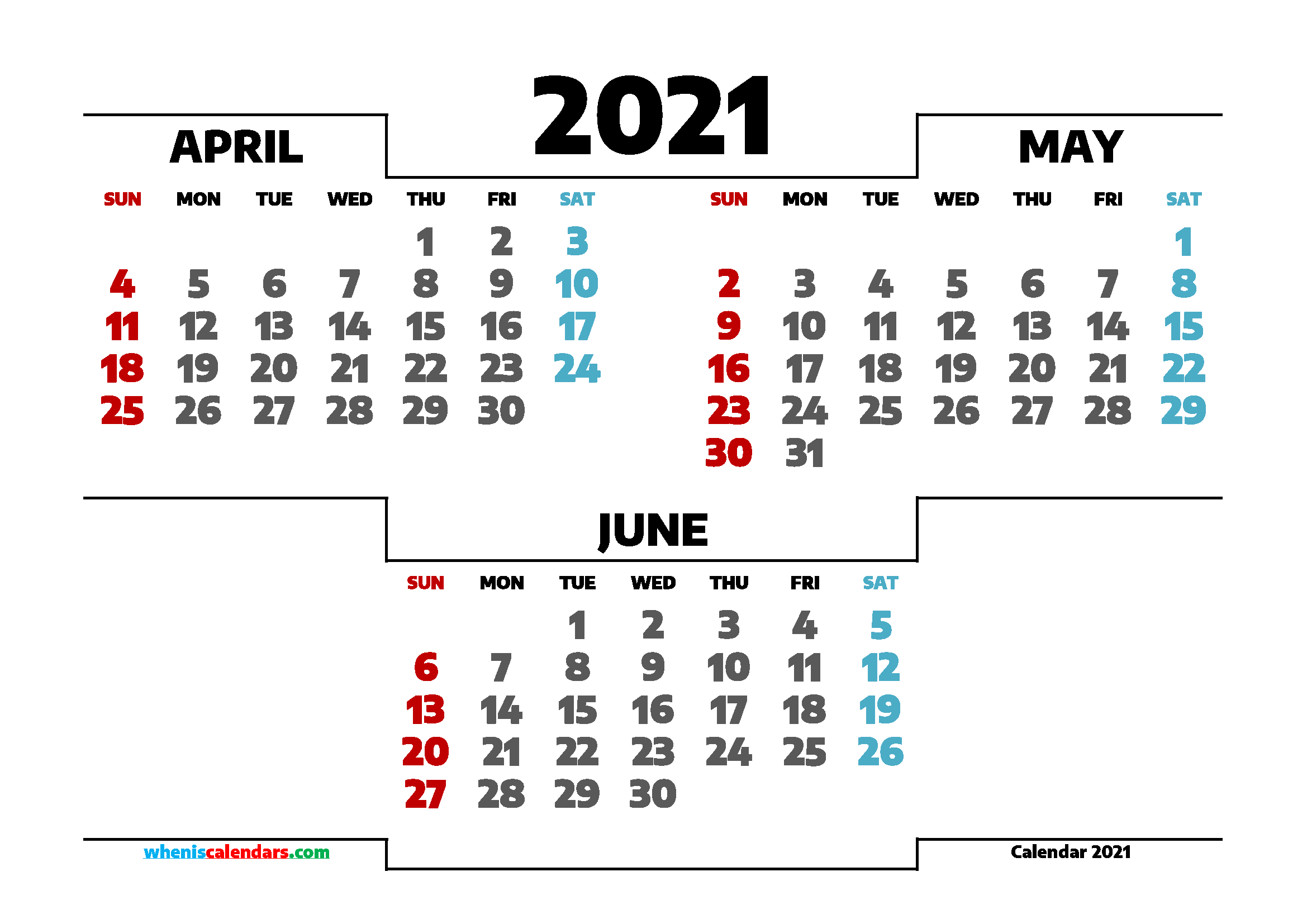 Printable April May June 2021 Calendar