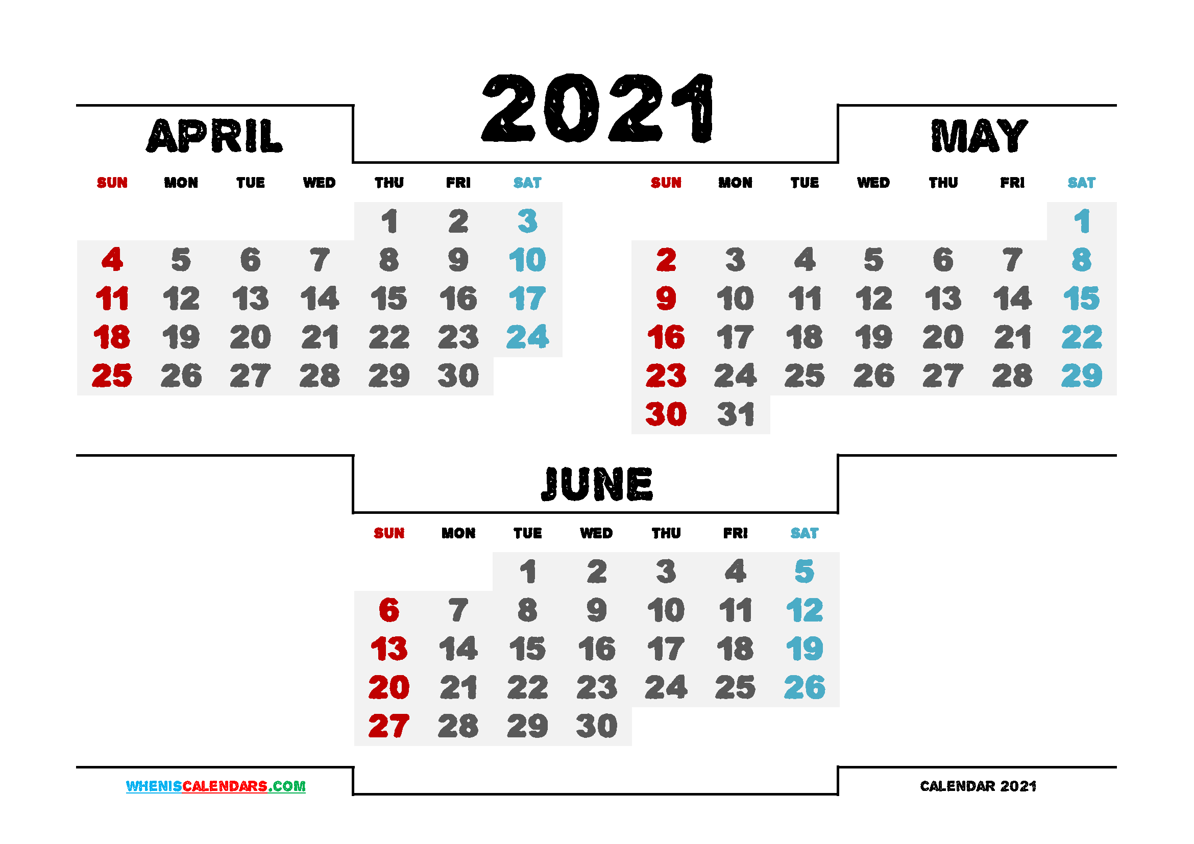 Calendar April May June 2021 Printable