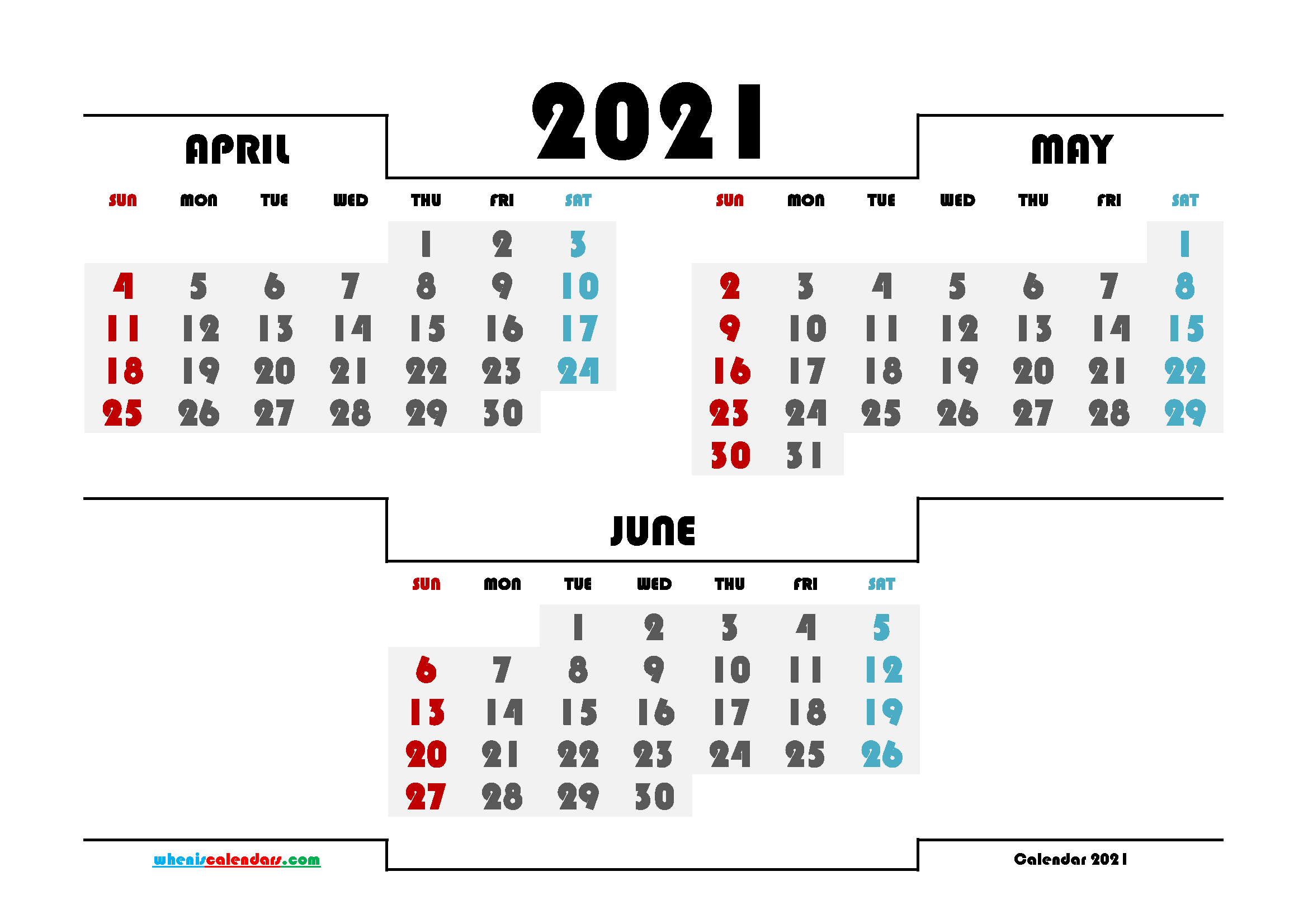 Calendar April May June 2021 Printable