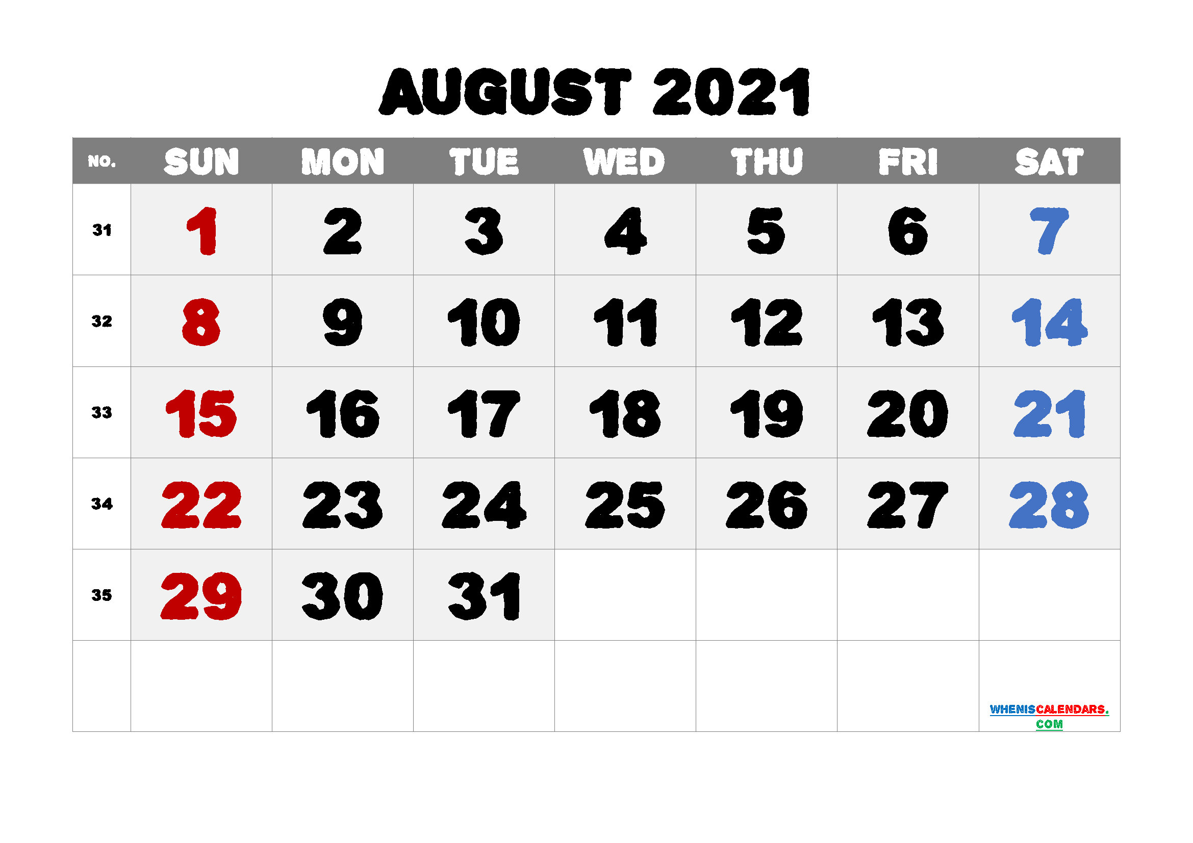 Free Calendar August 2021 Printable