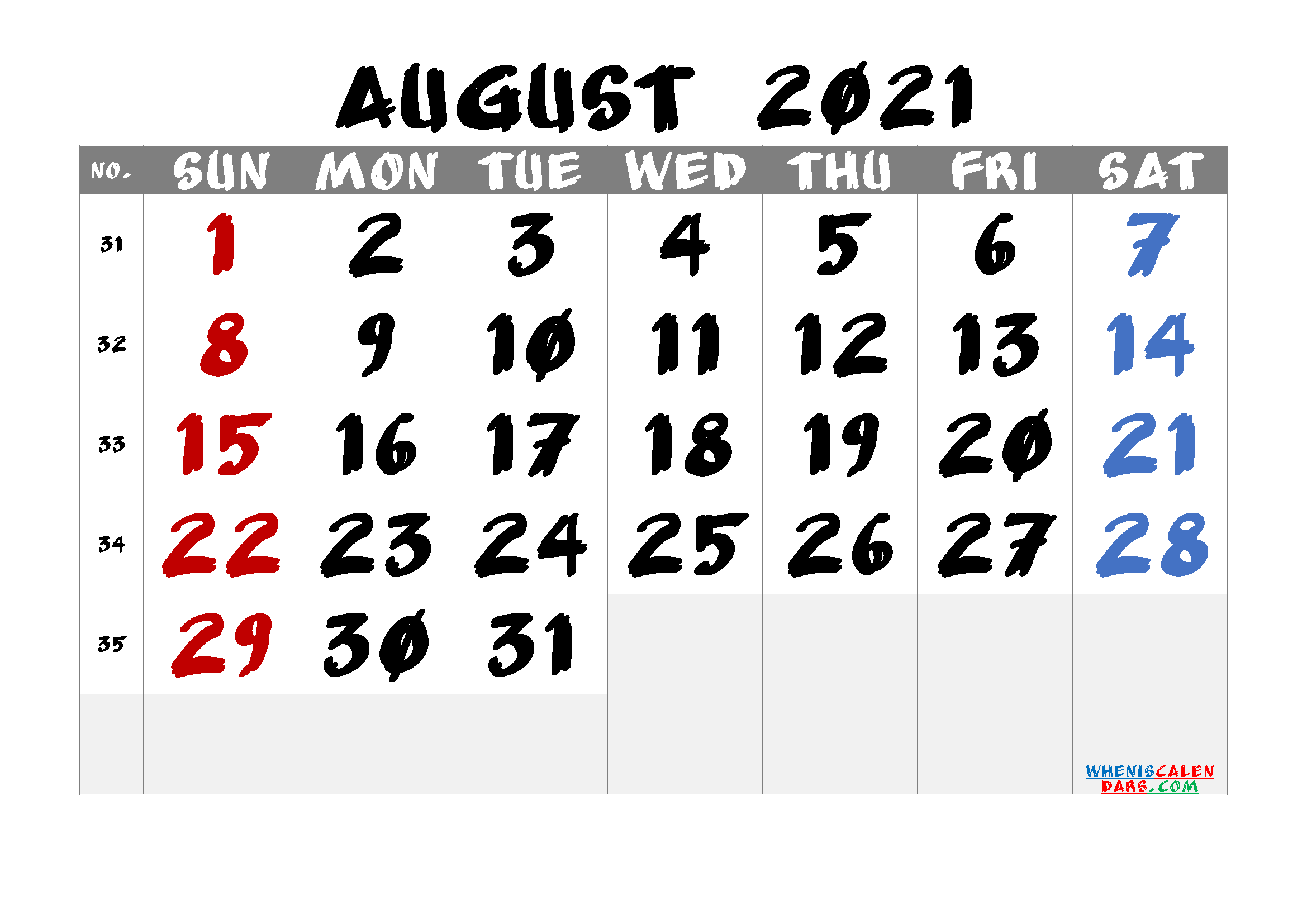Printable August 2021 Calendar PDF