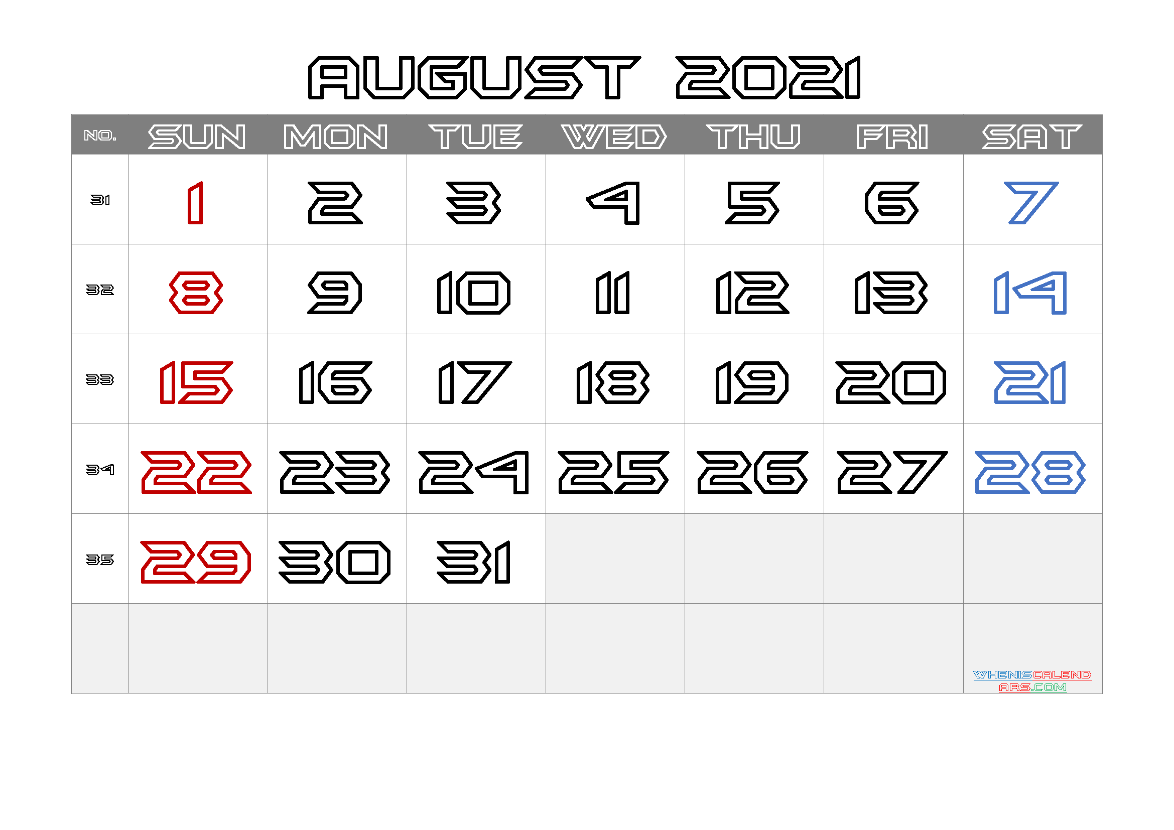 Printable August 2021 Calendar Free