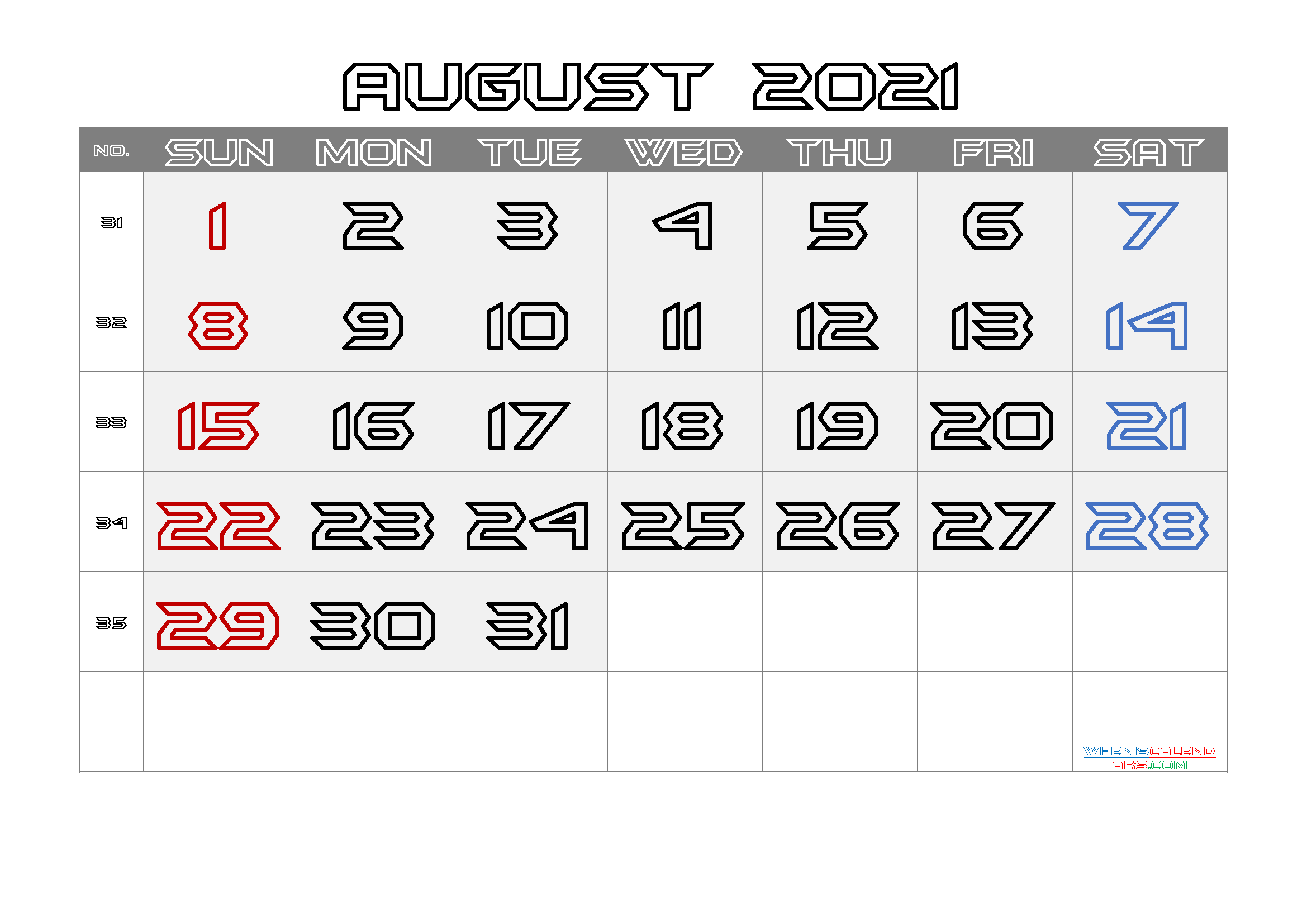 Printable August 2021 Calendar