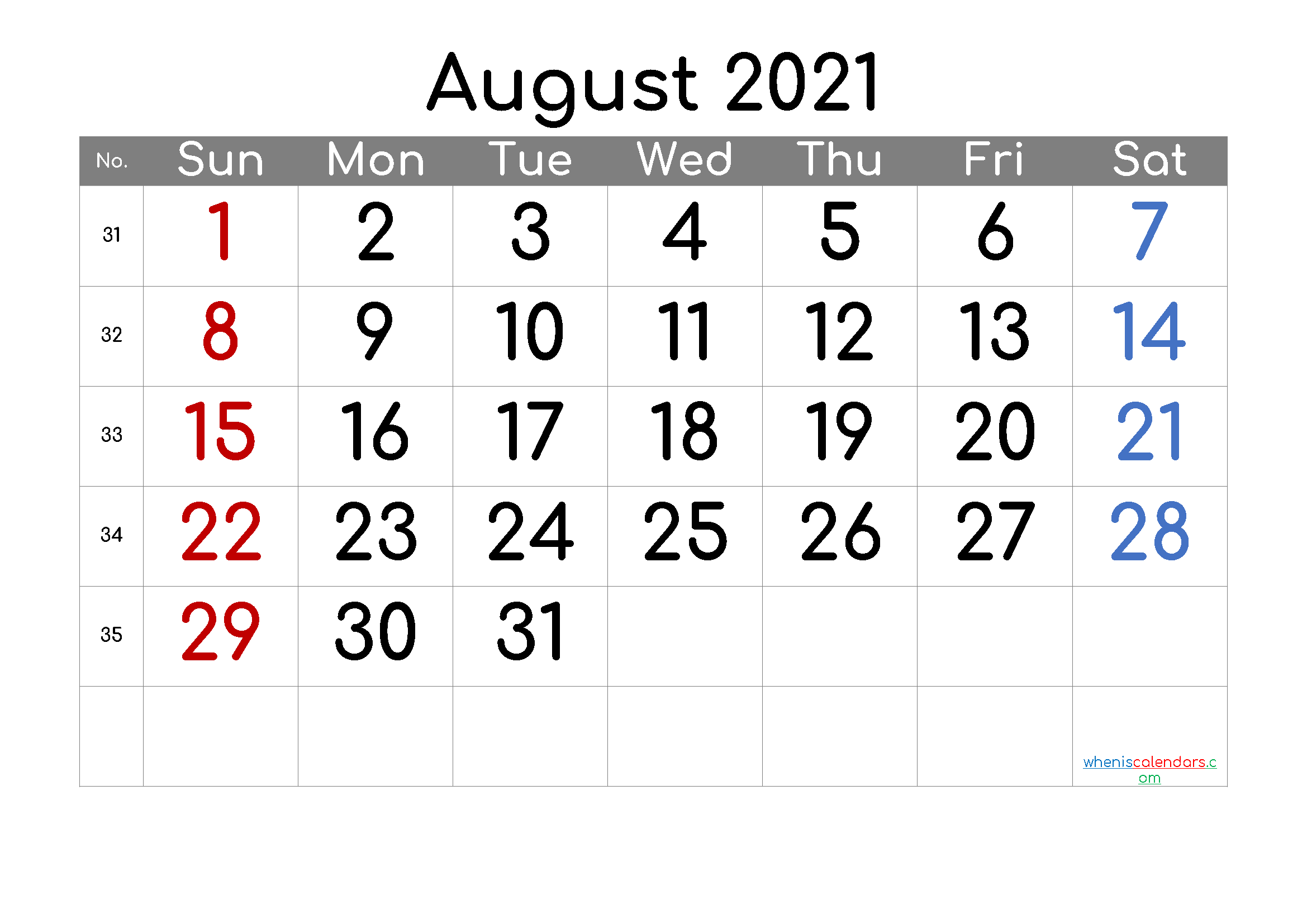 Calendar August 2021 Free Printable