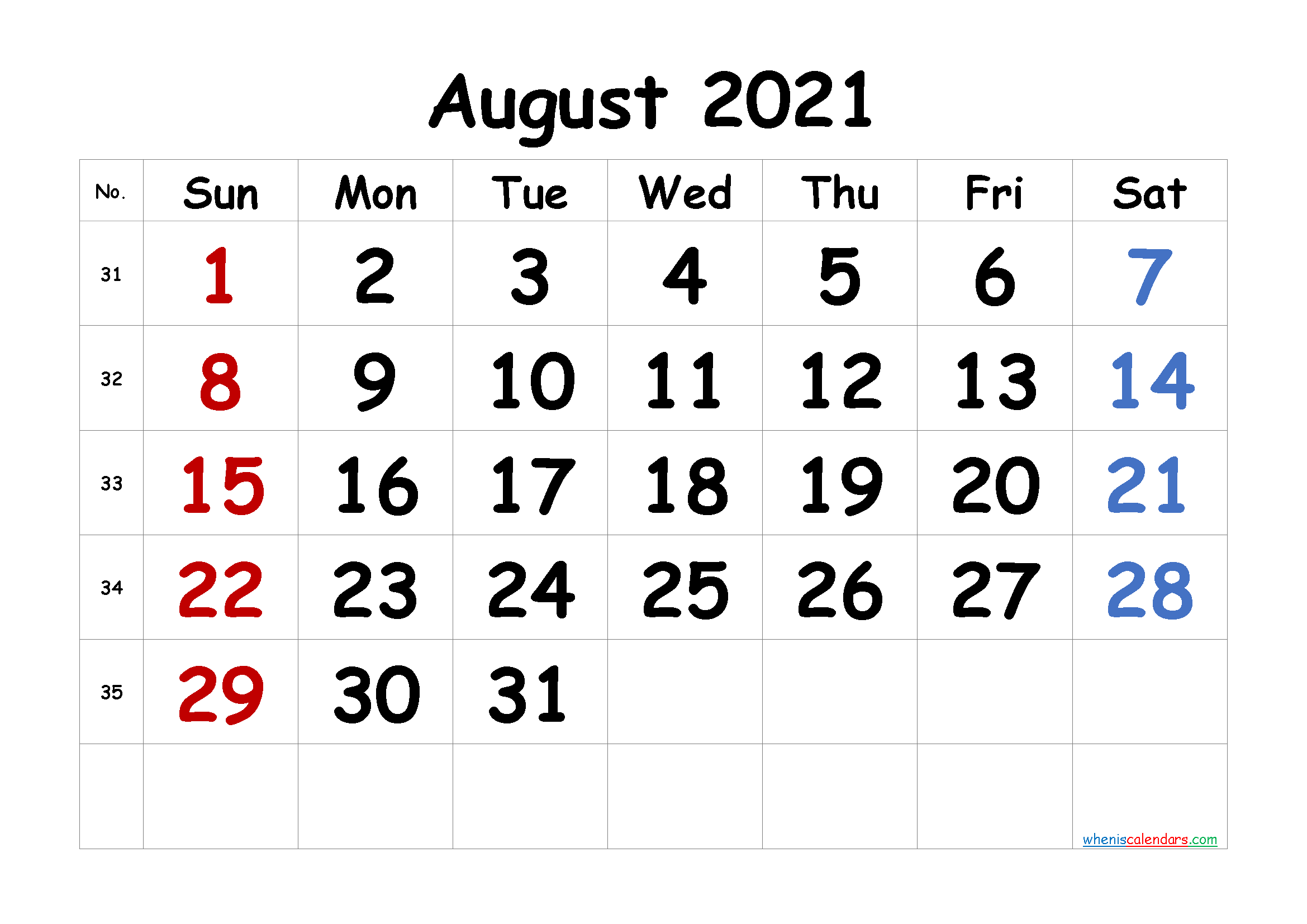 Free August 2021 Calendar Printable