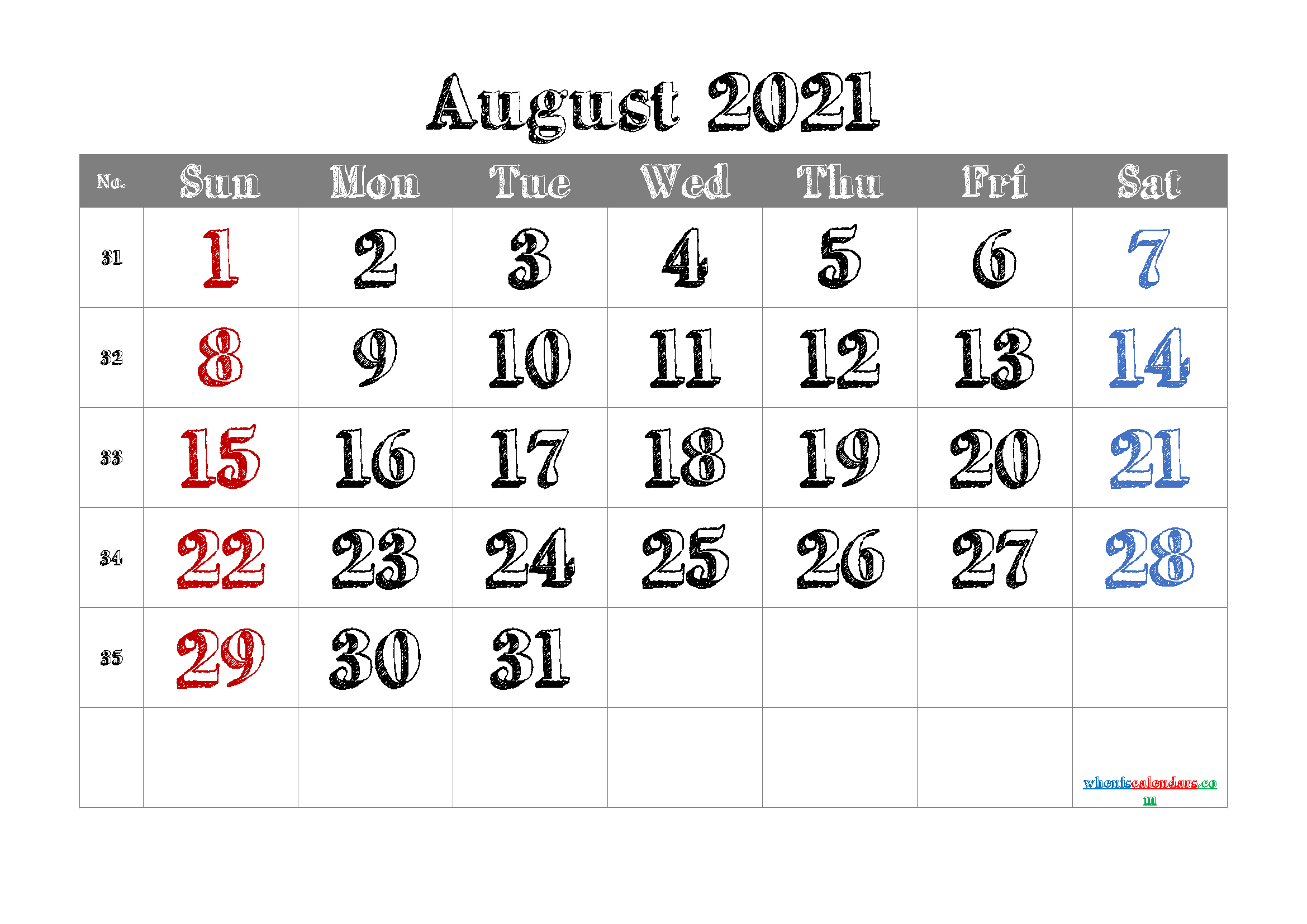 August 2021 Calendar Printable Free