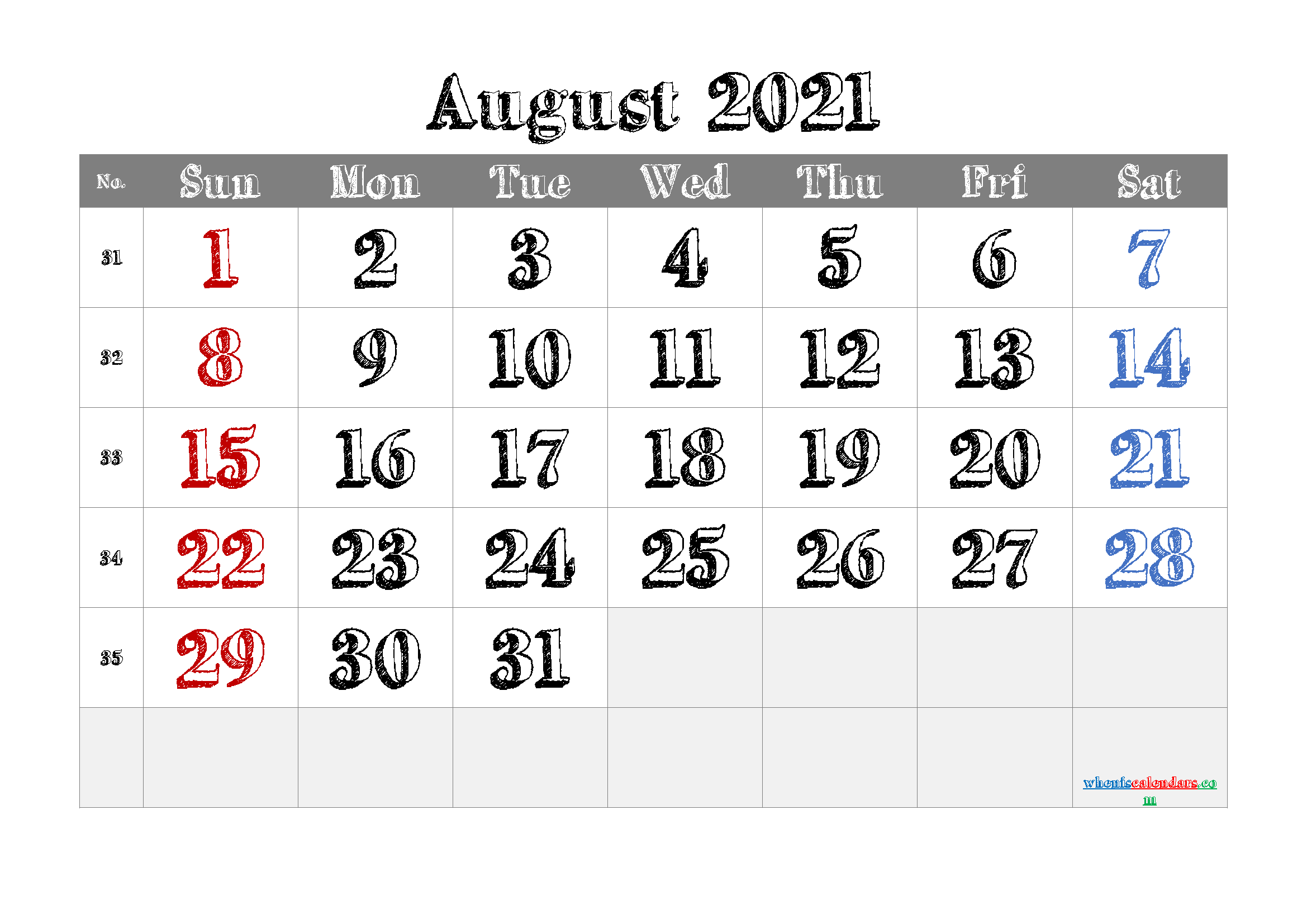 Printable August 2021 Calendar PDF