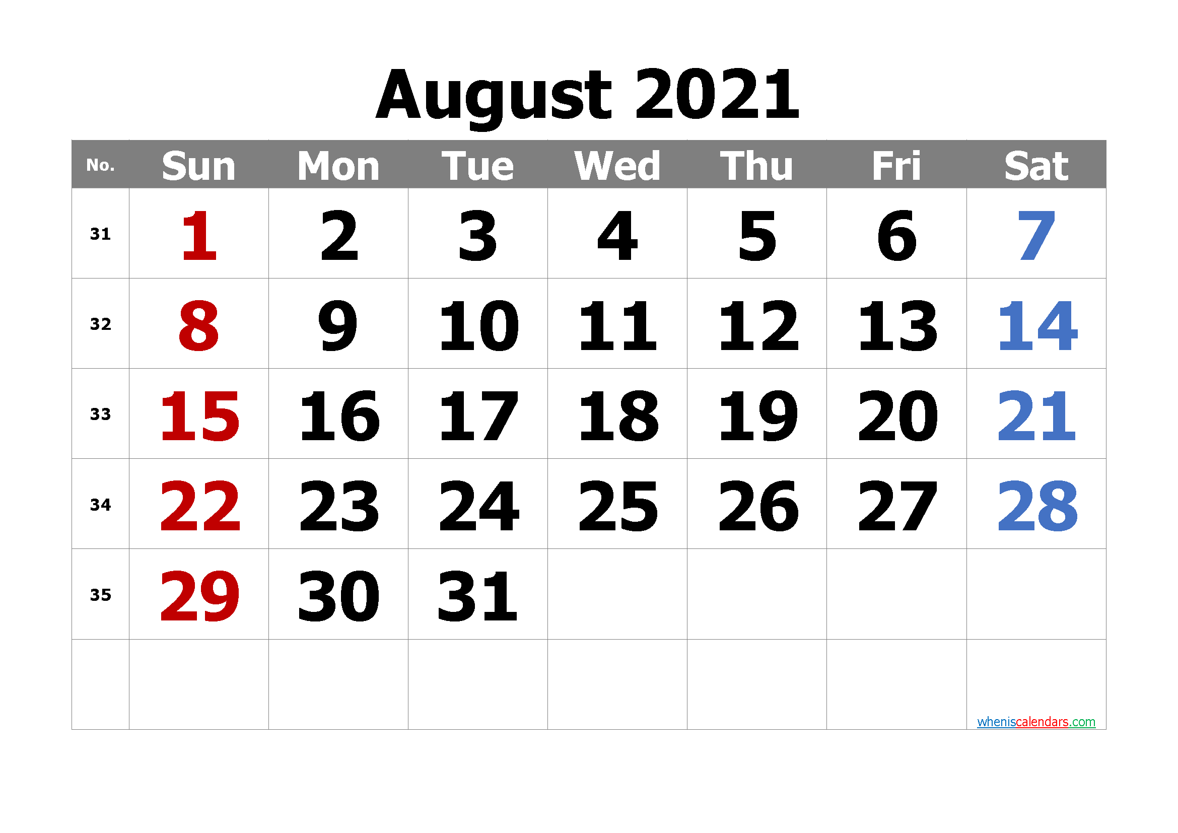 Calendar August 2021 Free Printable