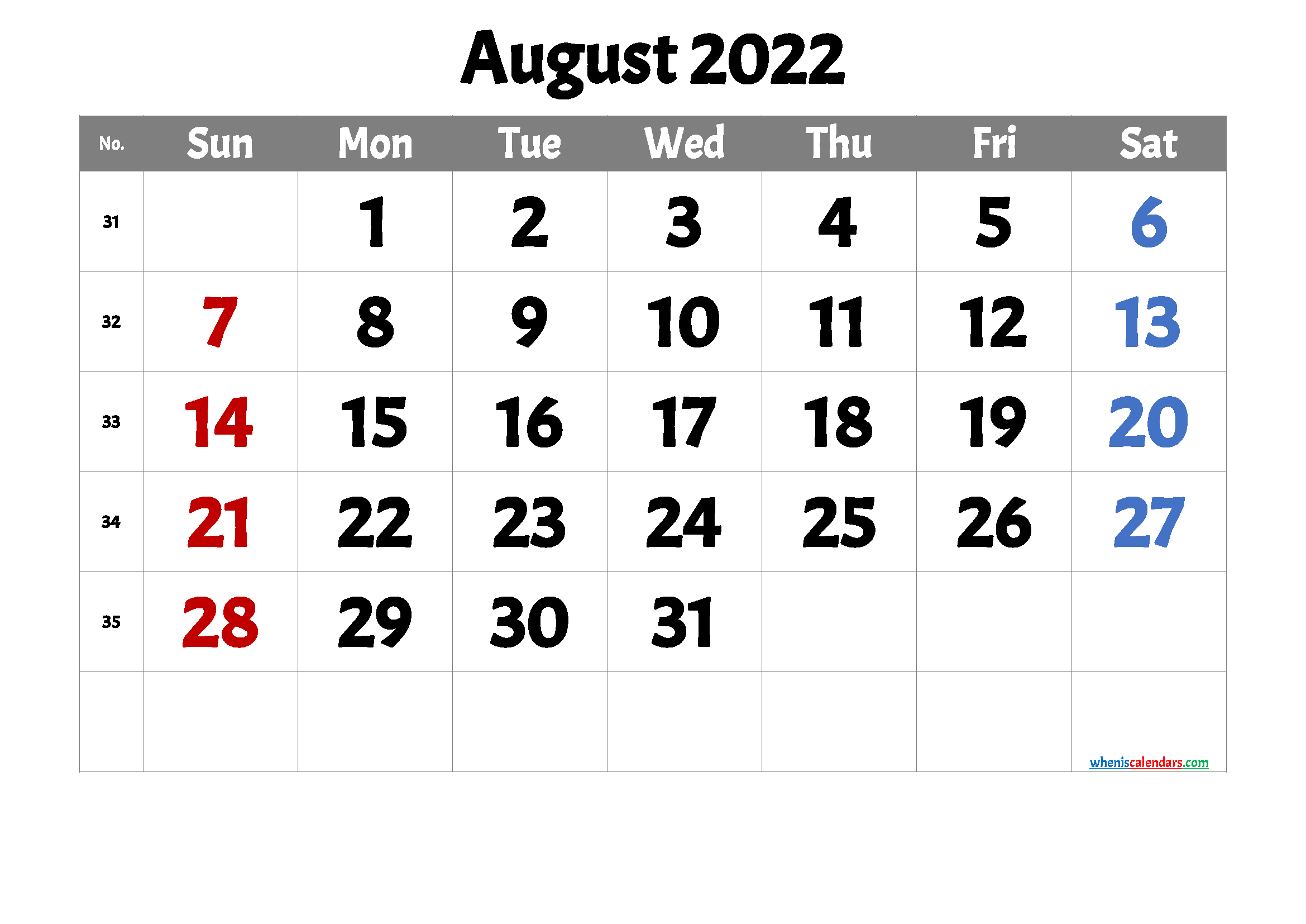 Free Printable August 2022 Calendar