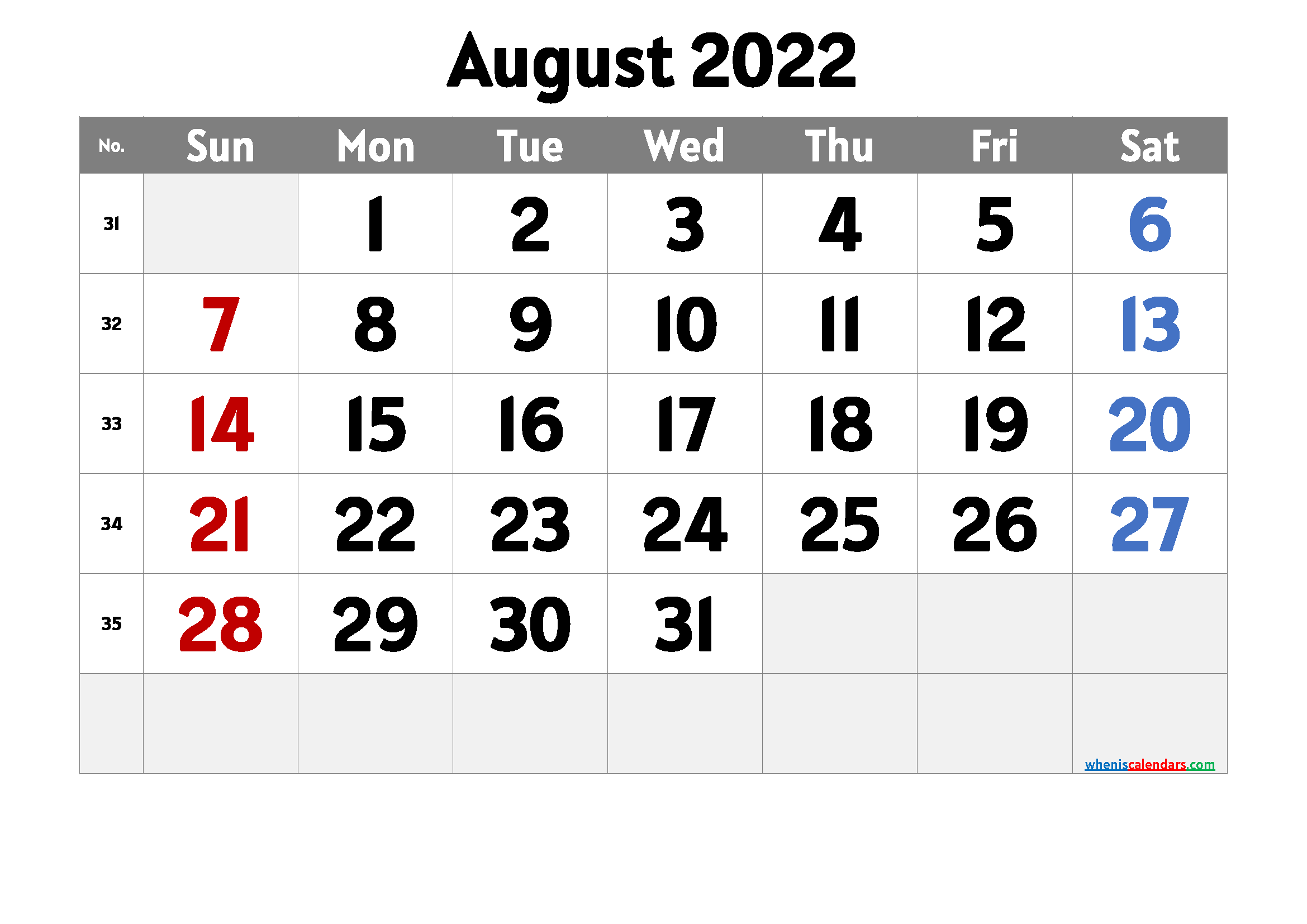 Free August 2022 Calendar with Holidays