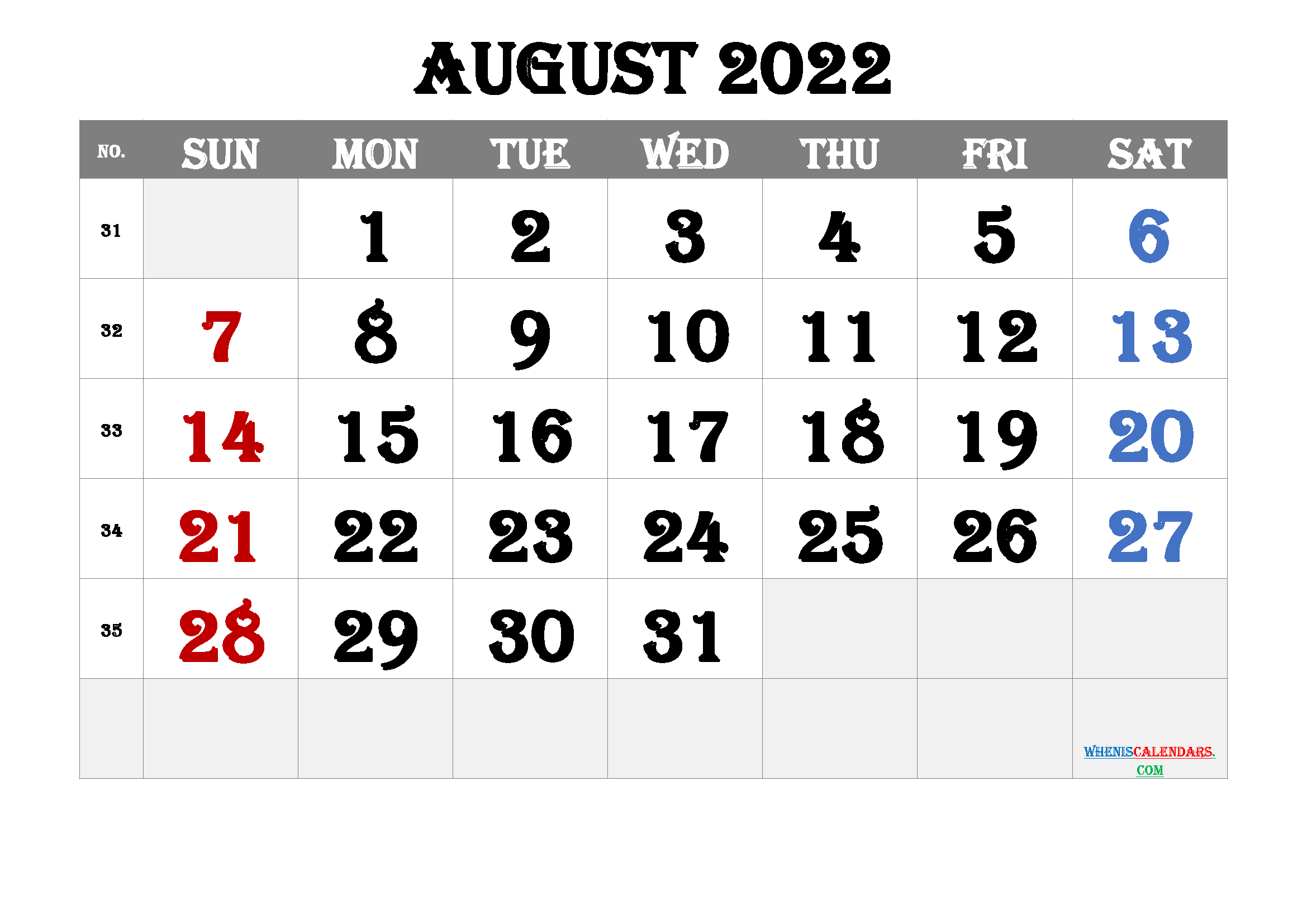 Free Cute August 2022 Calendar