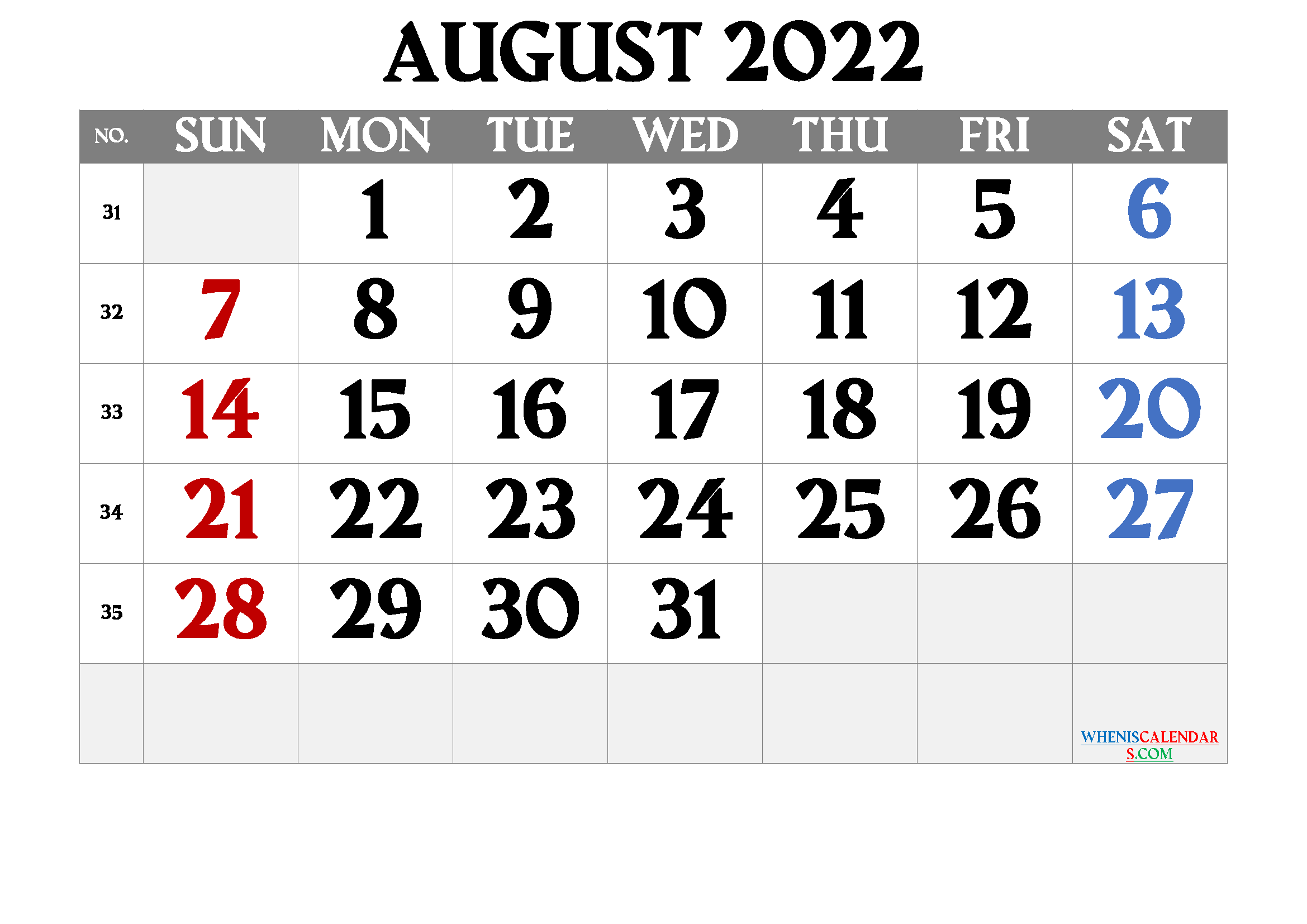 Free Printable August Calendar 2022