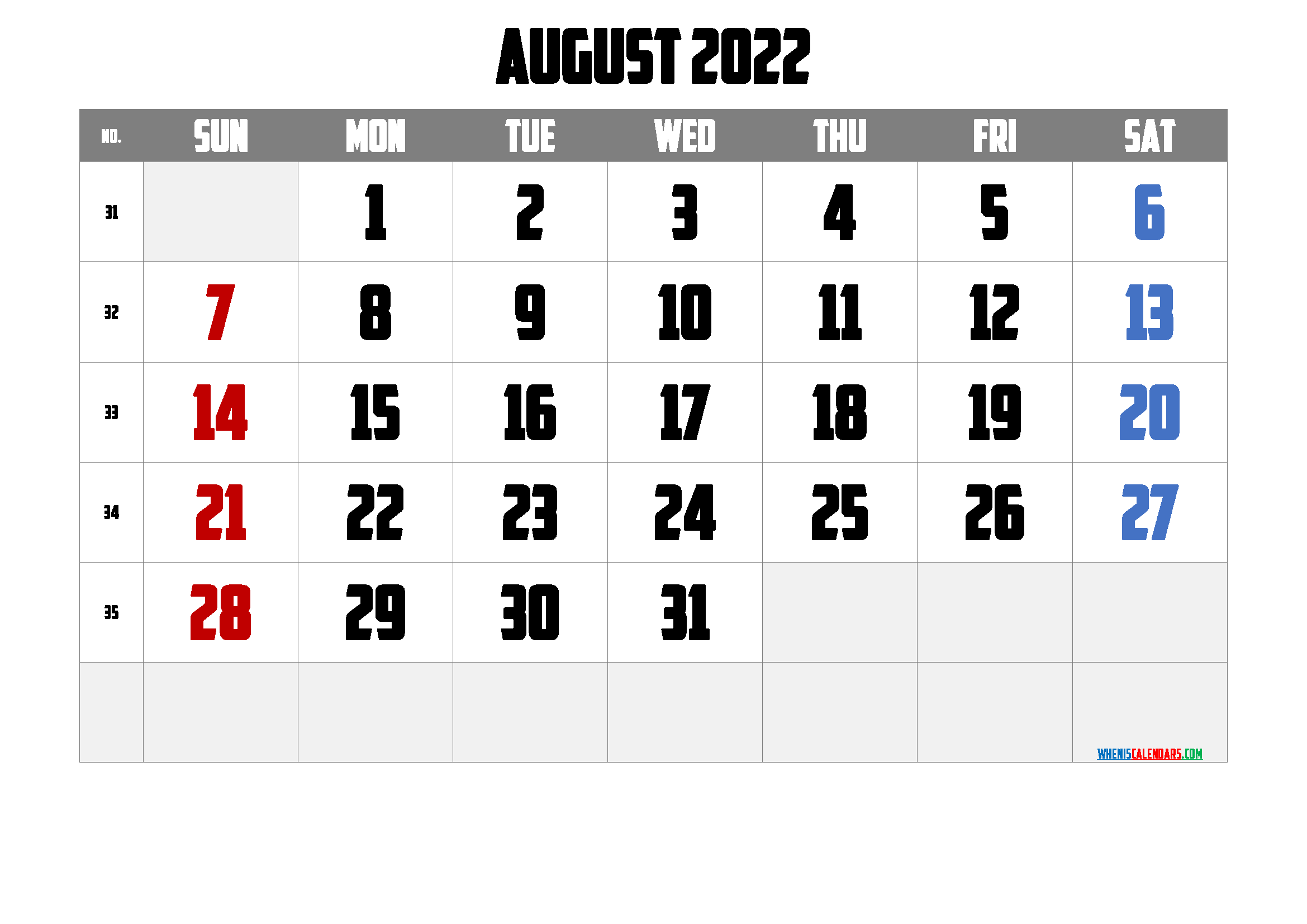 Free August Blank Calendar 2022