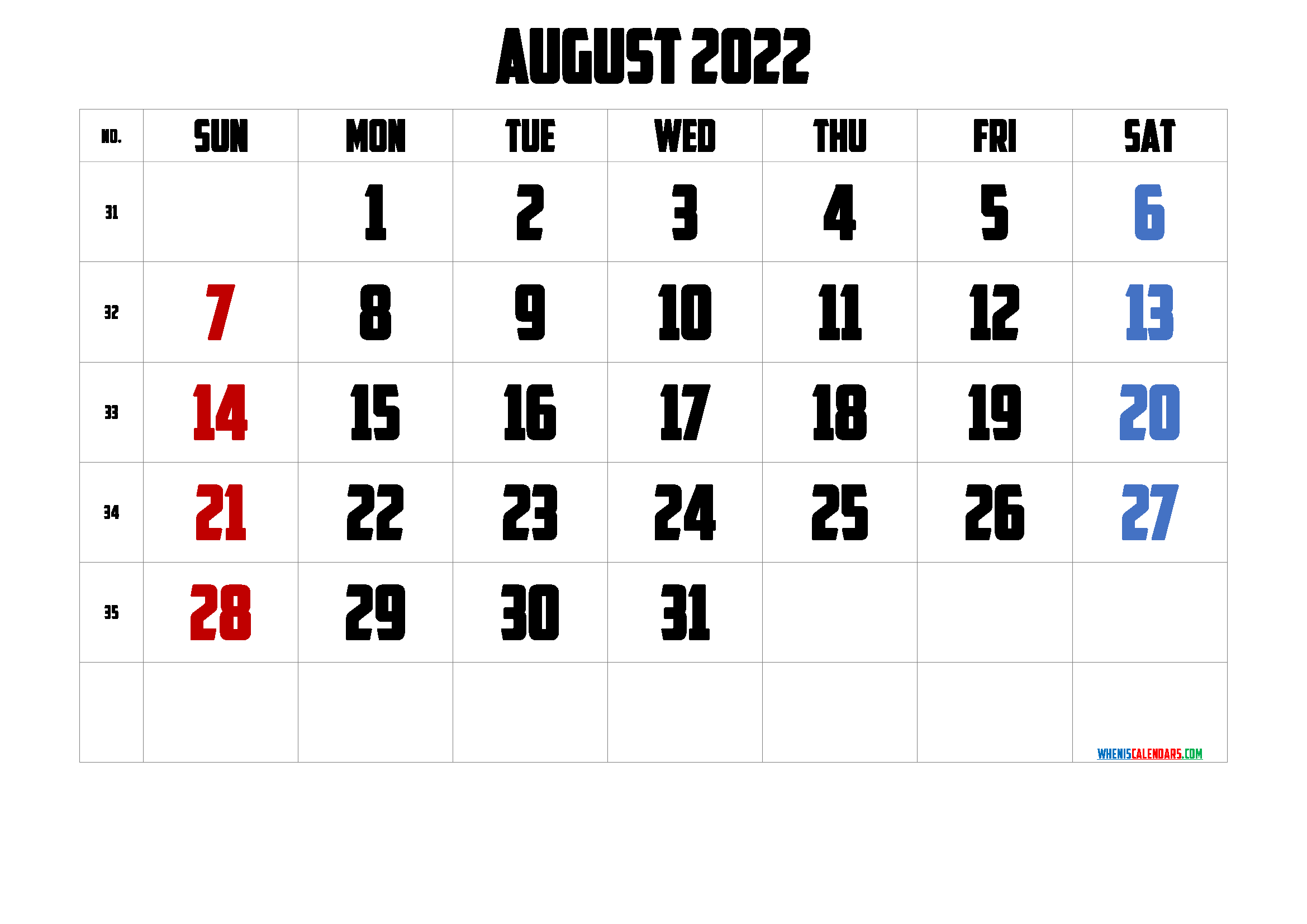 Free Printable 2022 Calendar August