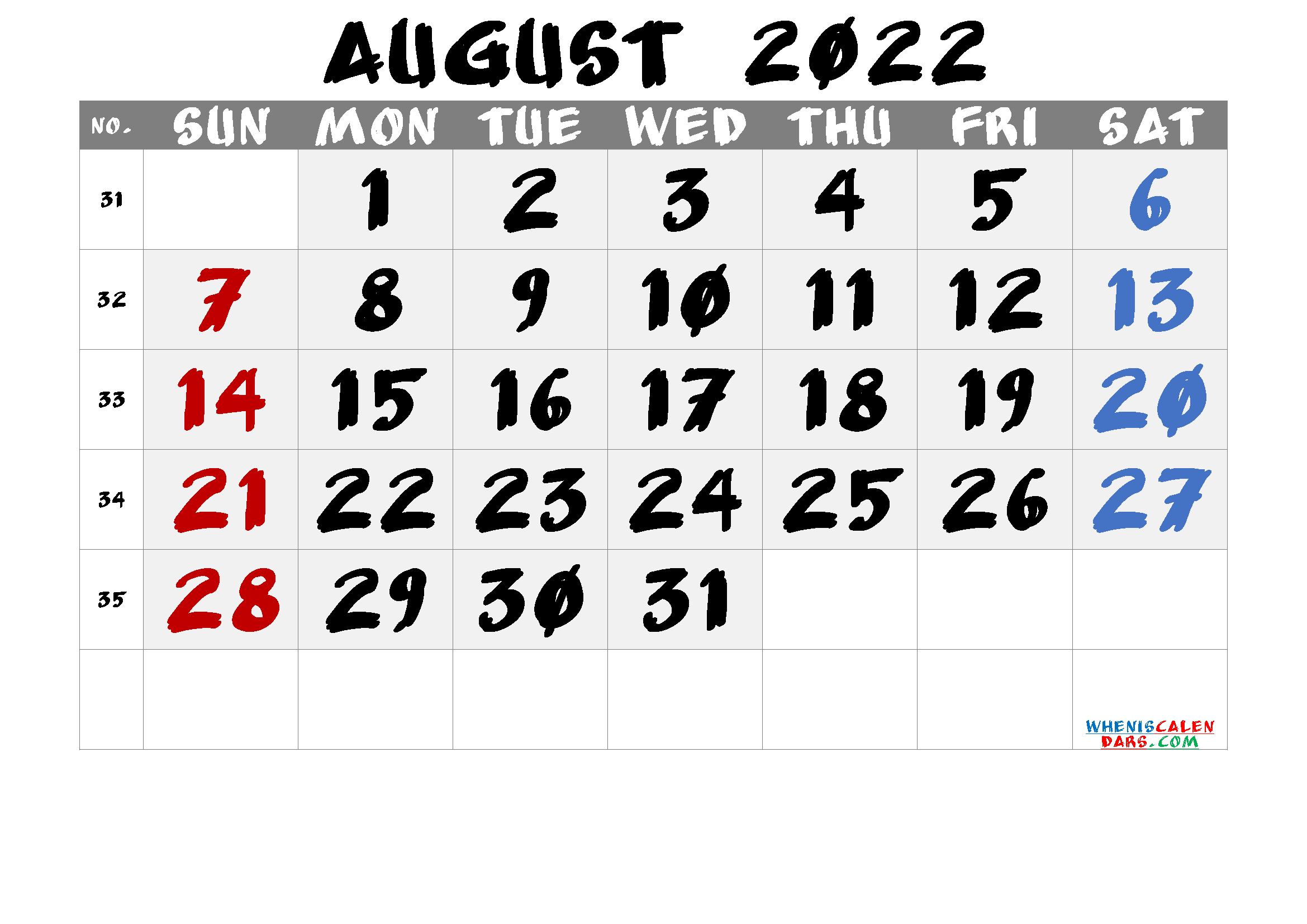Free August 2022 Calendar Printable