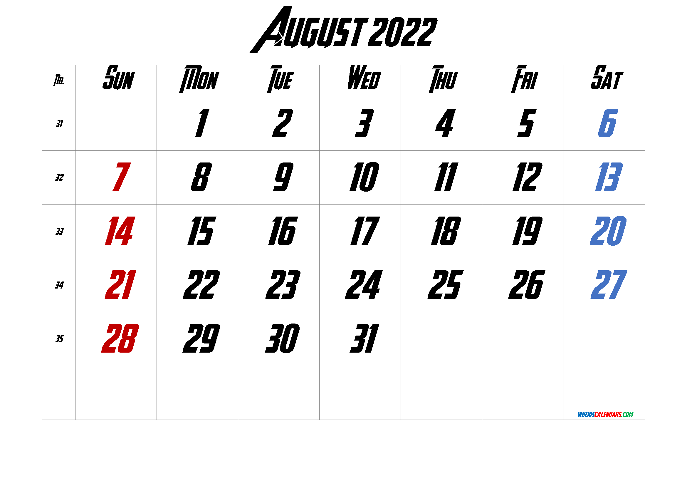 Printable August 2022 Calendar Free