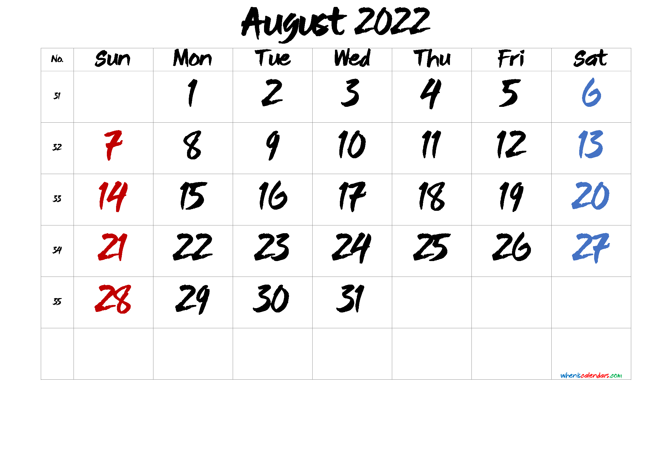 Printable August 2022 Calendar Free