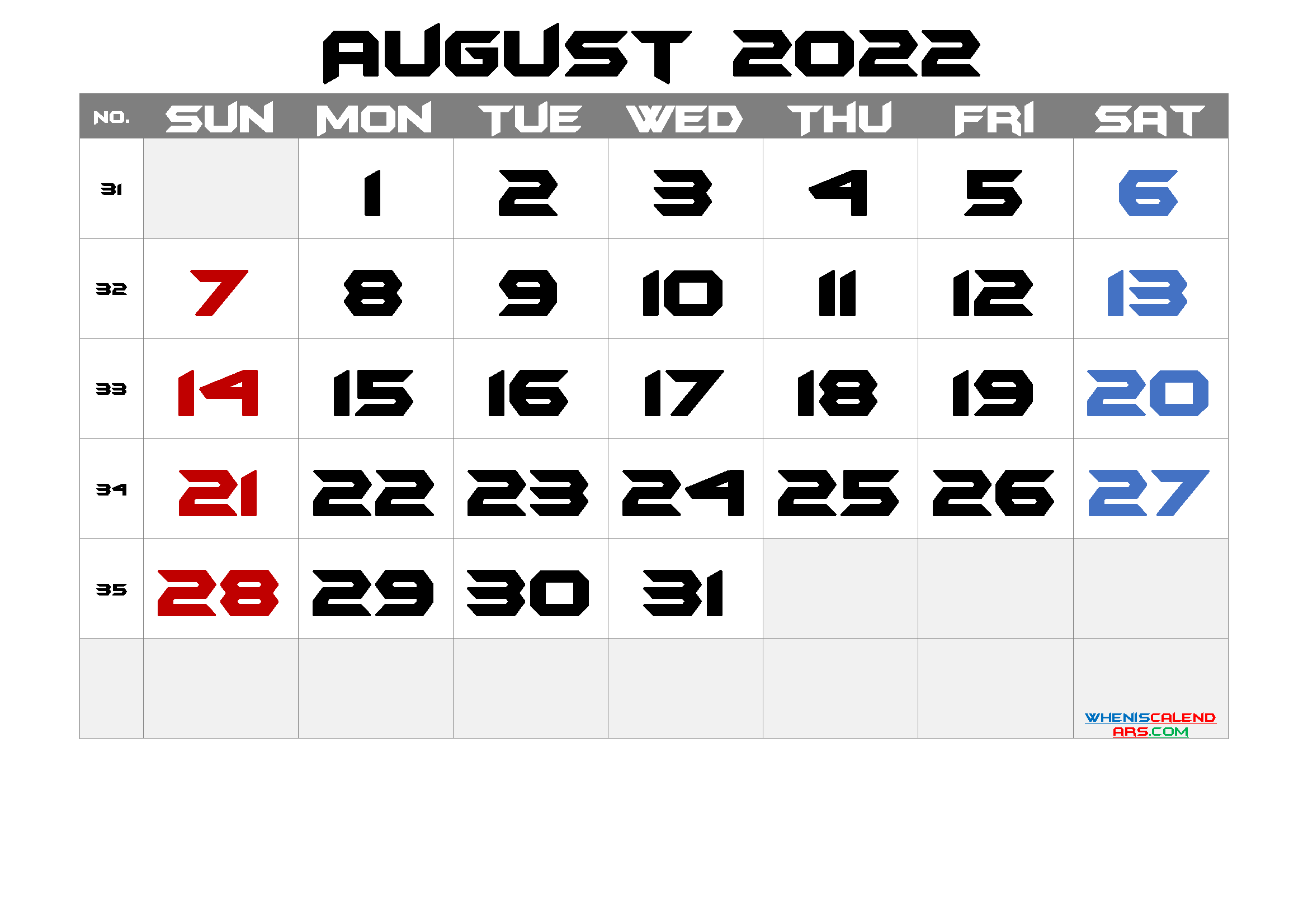 Free August 2022 Calendar Template