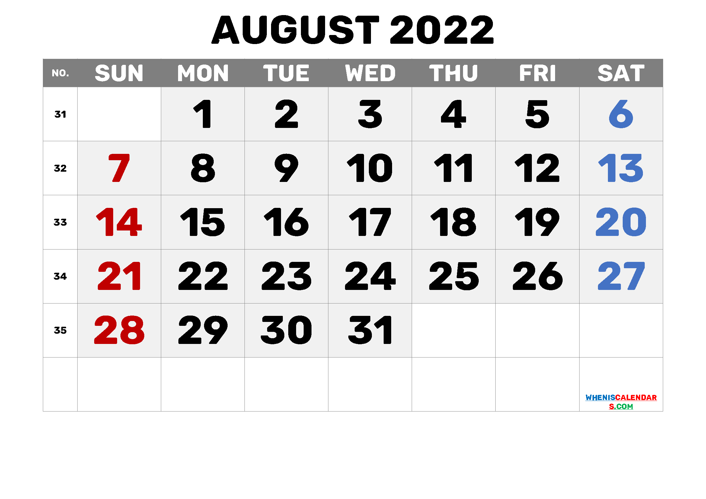 Free August 2022 Calendar Printable