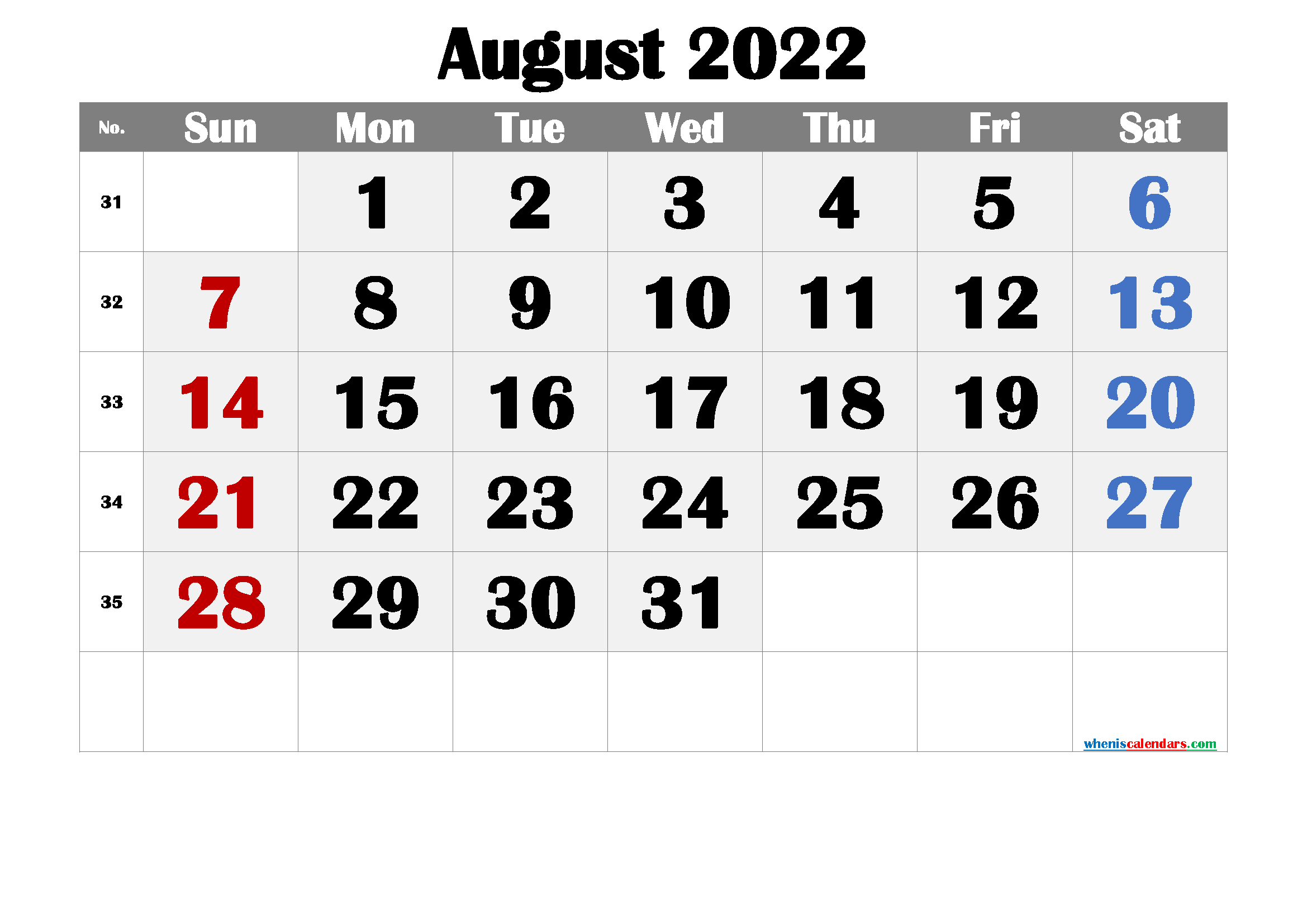 Free August 2022 Calendar Printable Cute