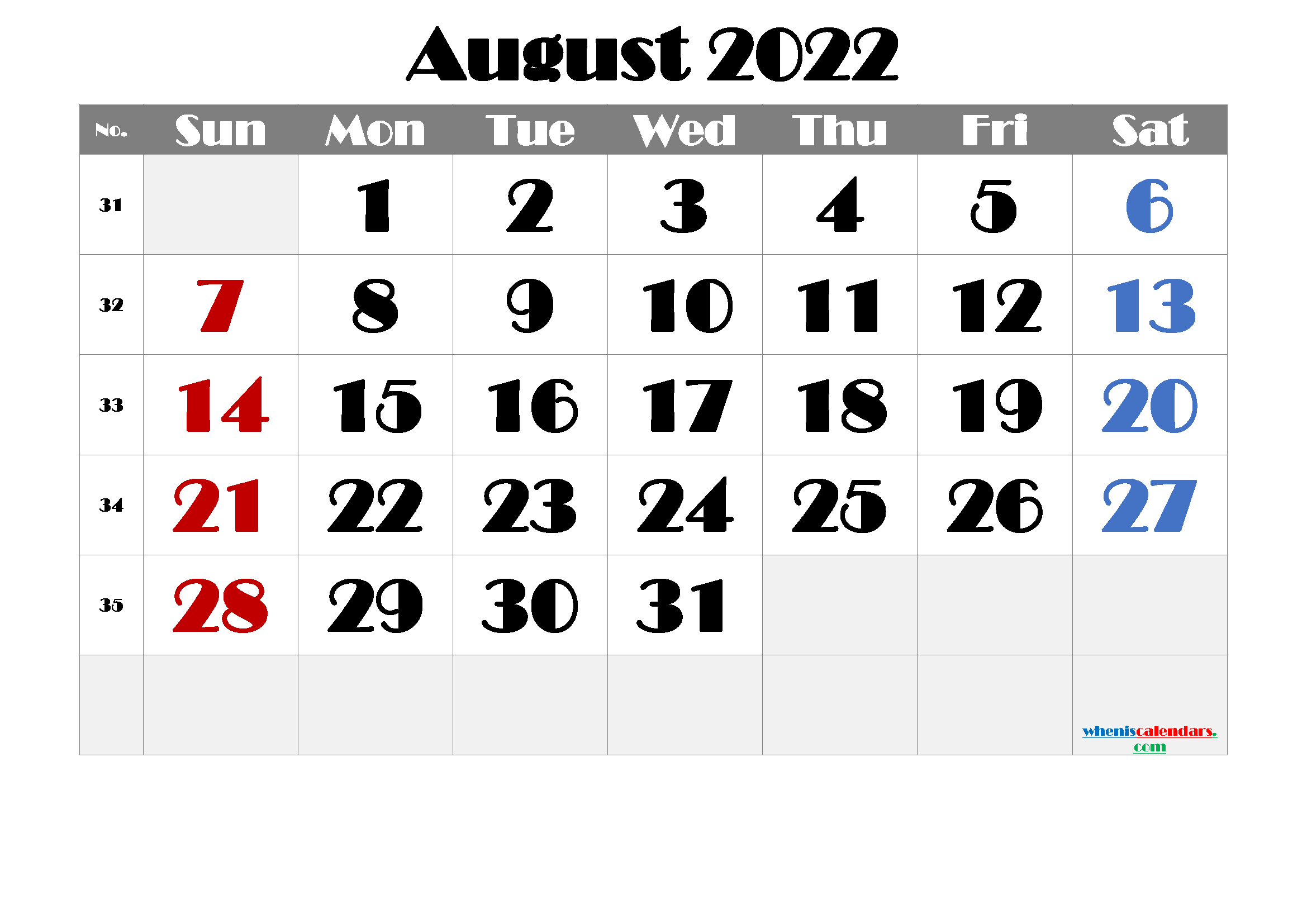 Free Printable 2022 Calendar August