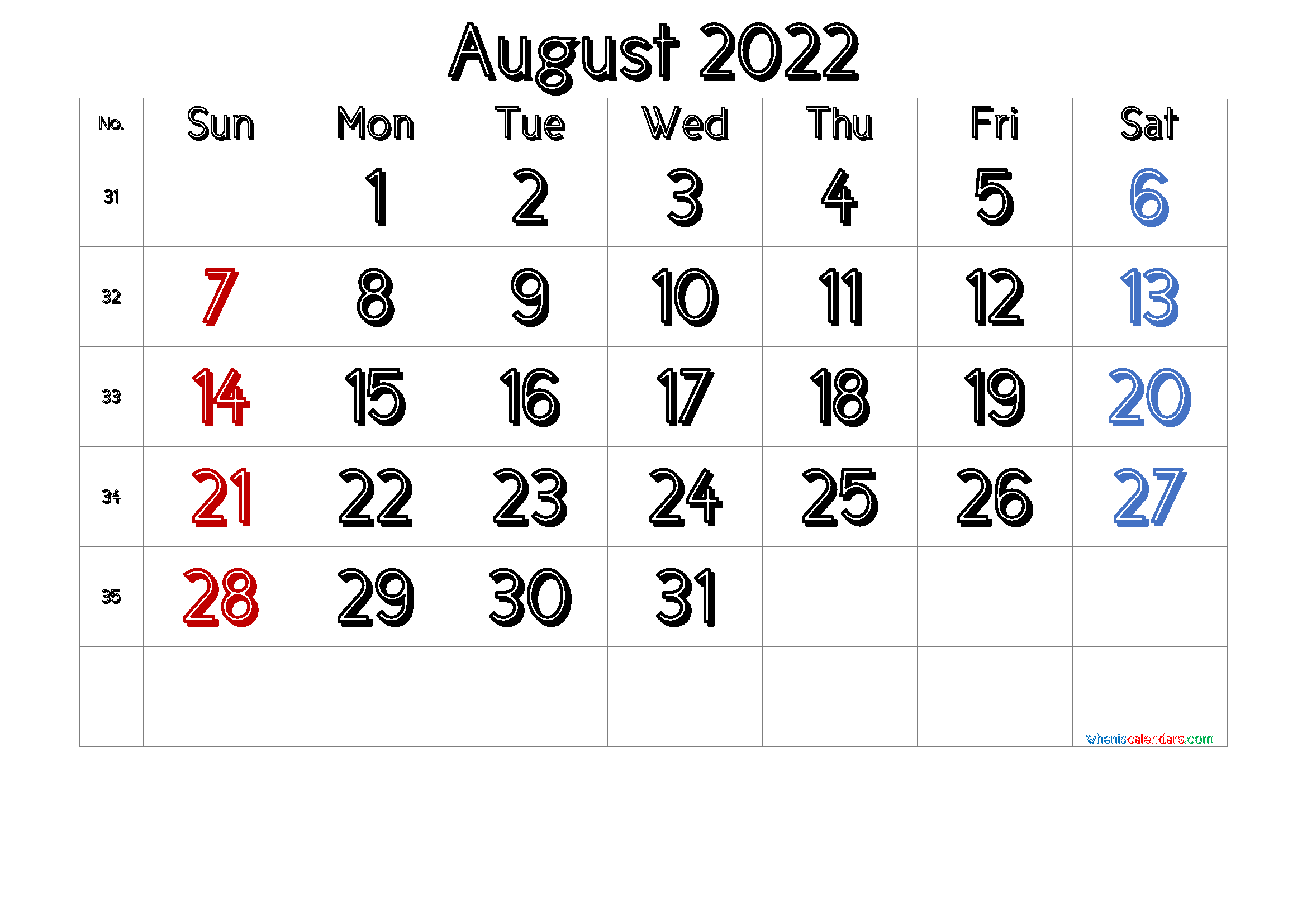 Free Cute August 2022 Calendar
