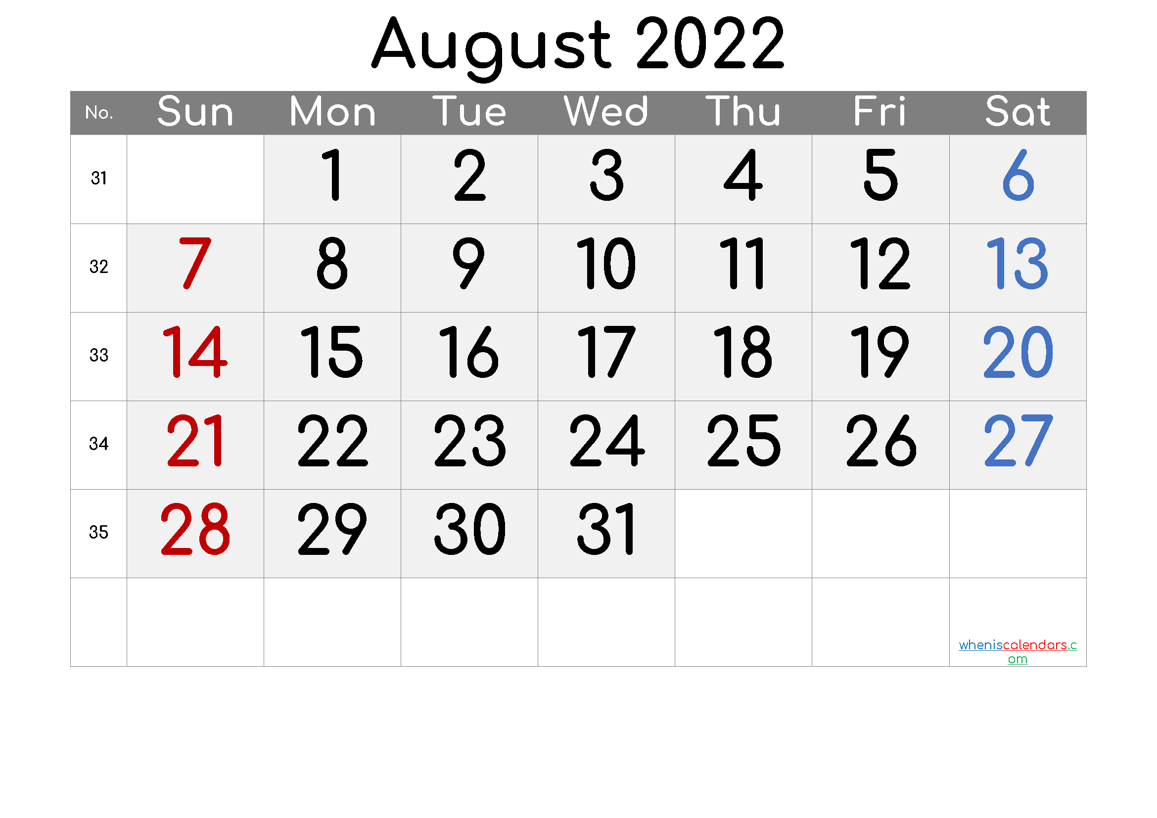 Free Printable August 2022 Calendar