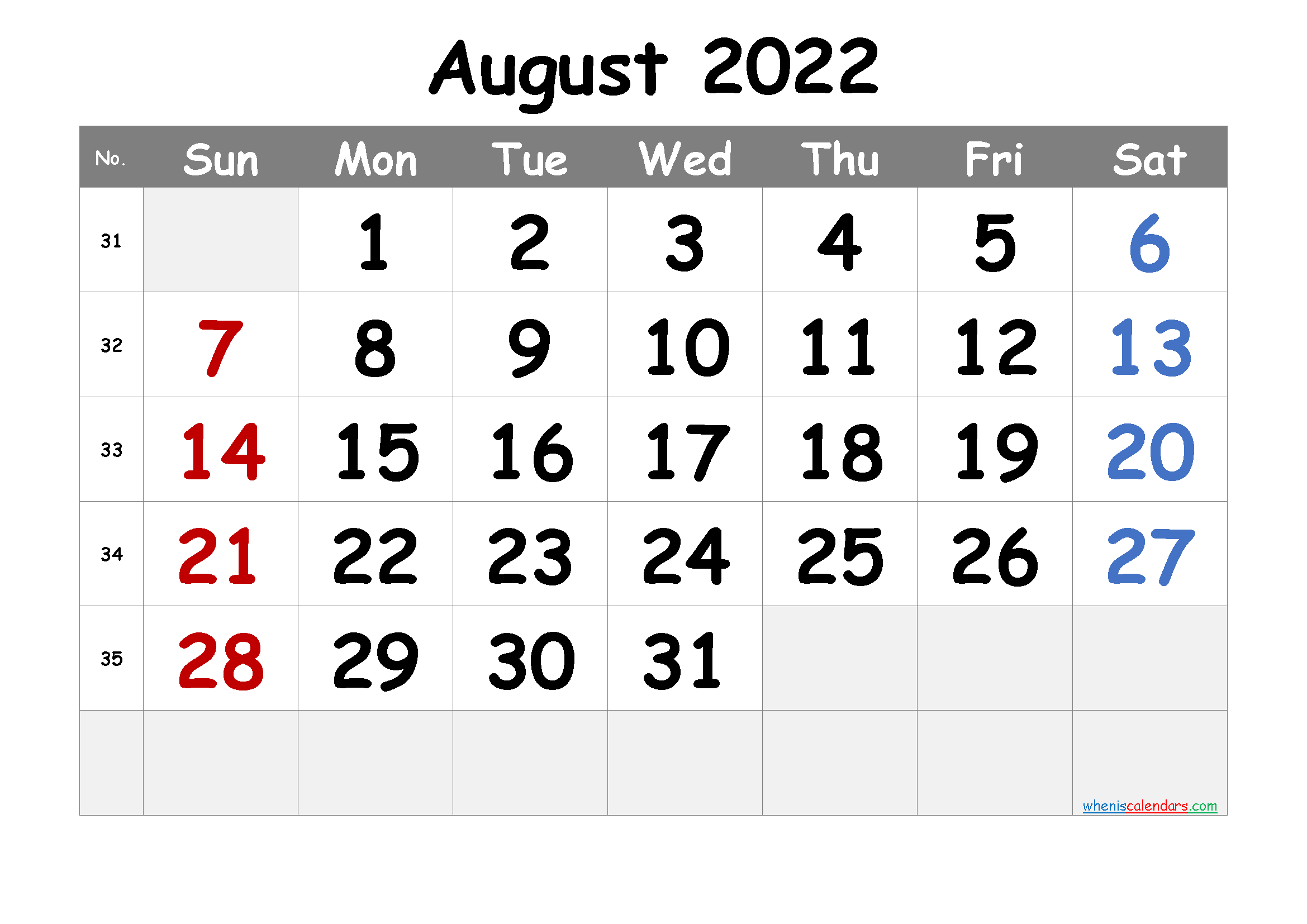 Free Printable August 2022 Calendars