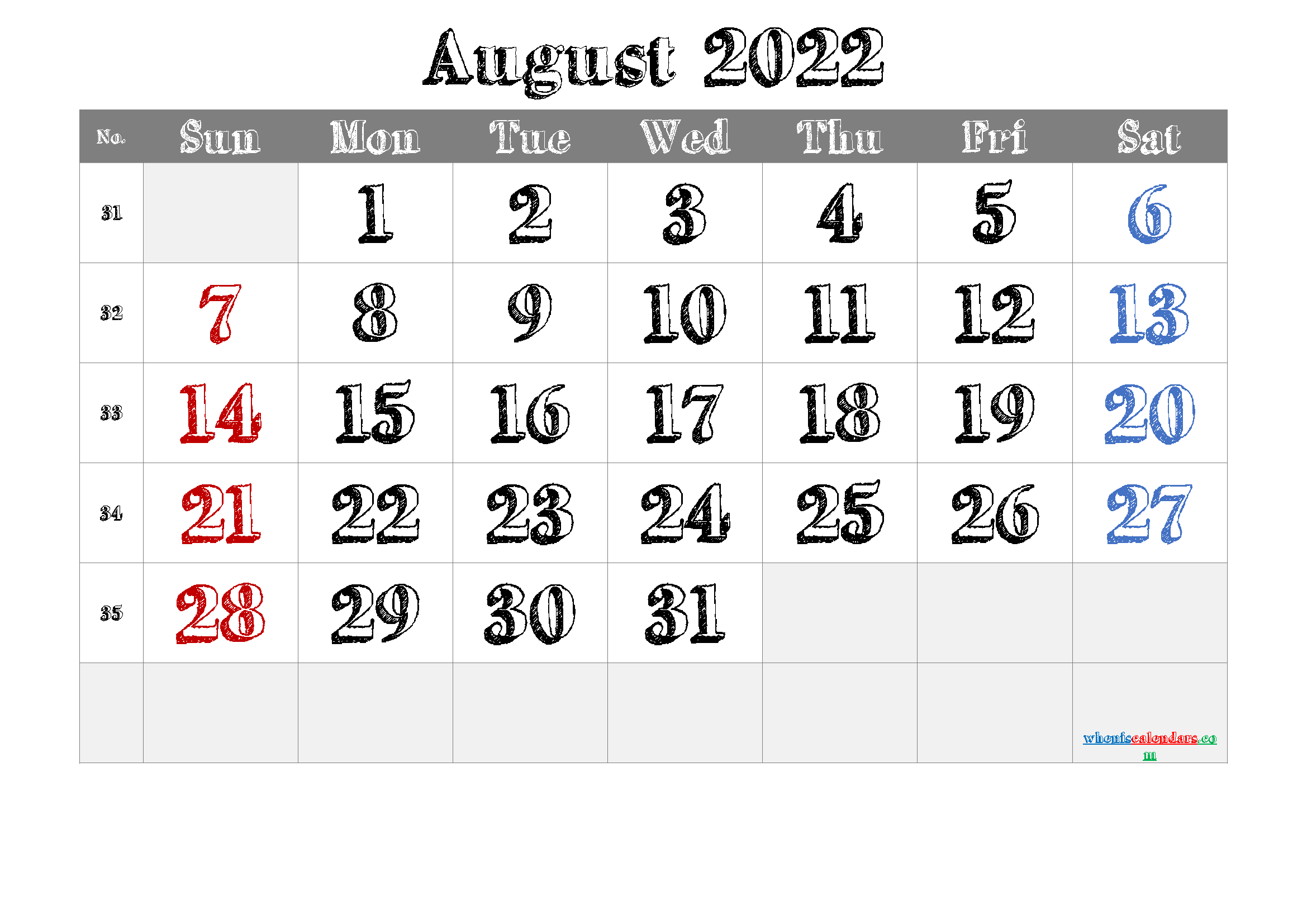 Free August 2022 Calendar with Holidays