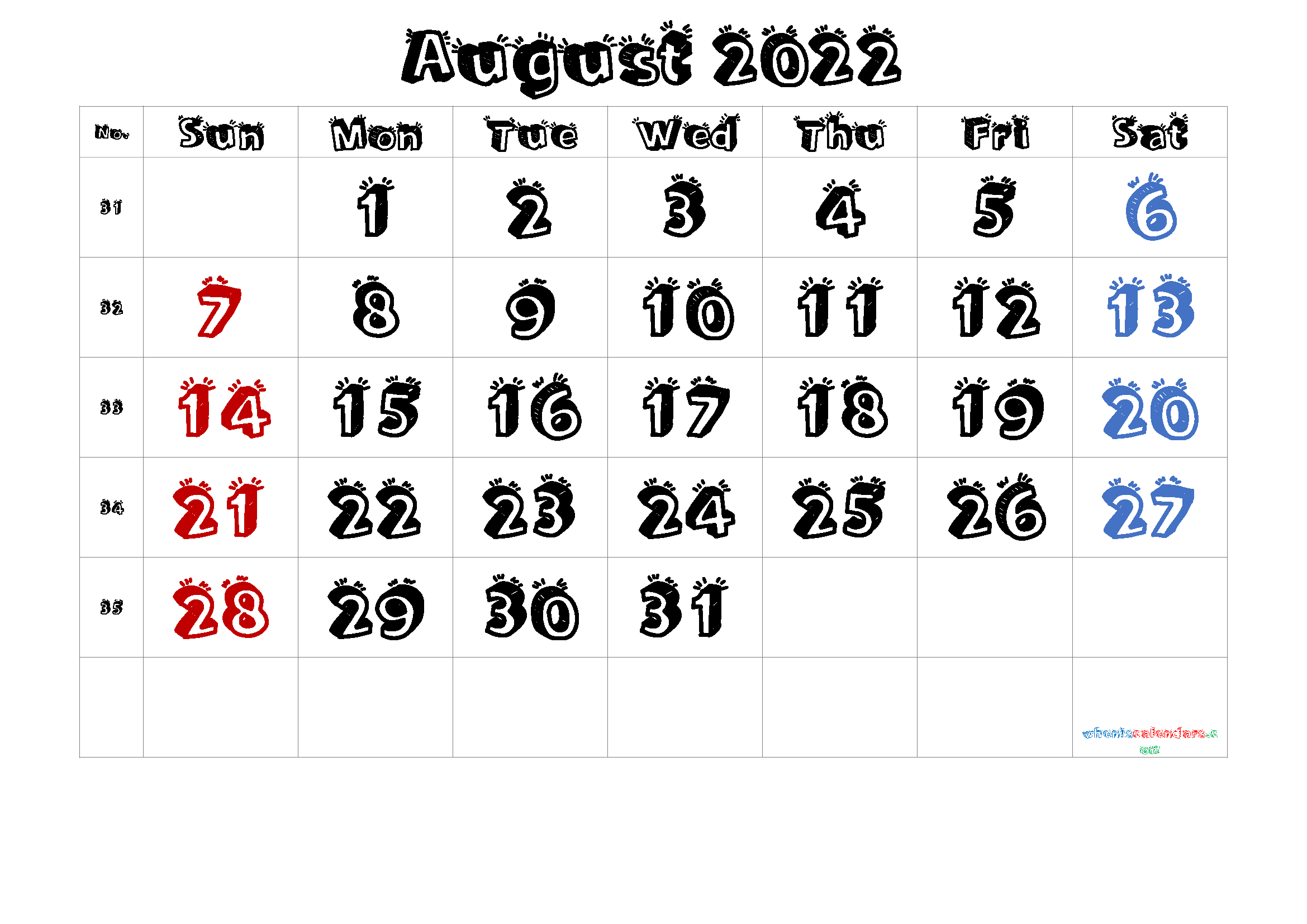 Free August 2022 Calendar Template