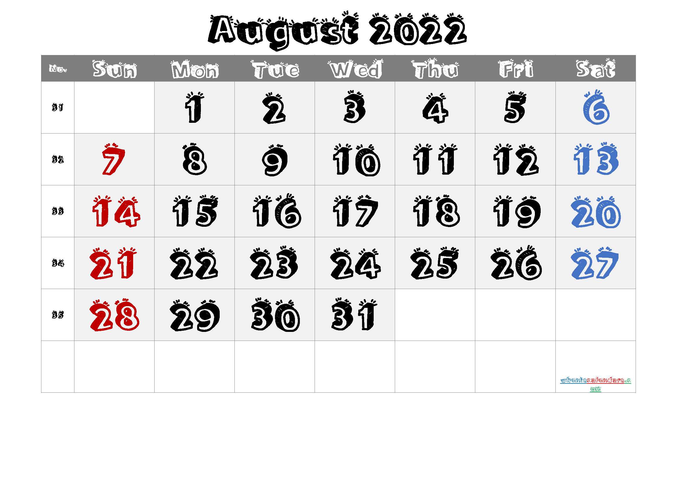Free August Blank Calendar 2022