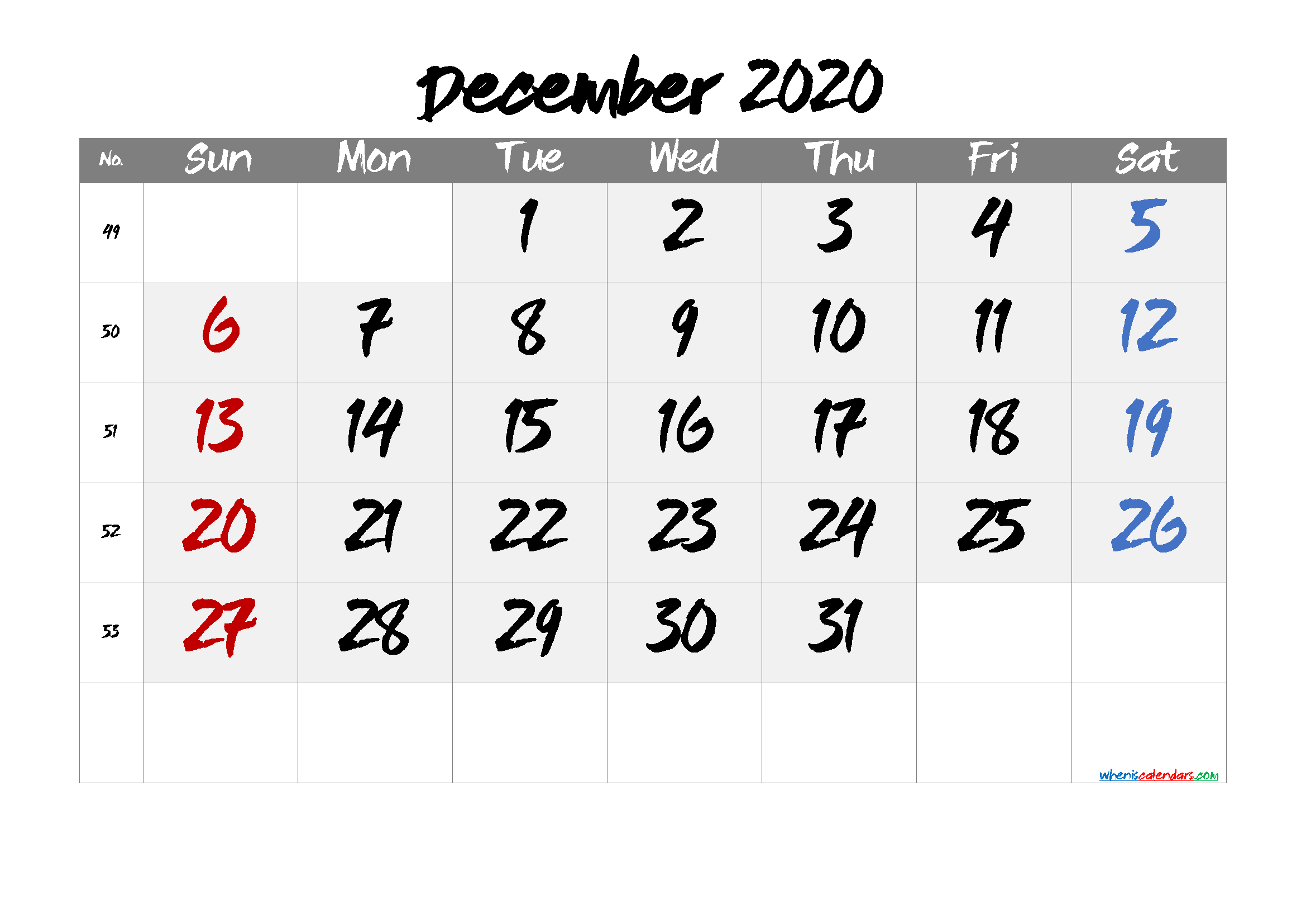 Free Calendar December 2020 Printable