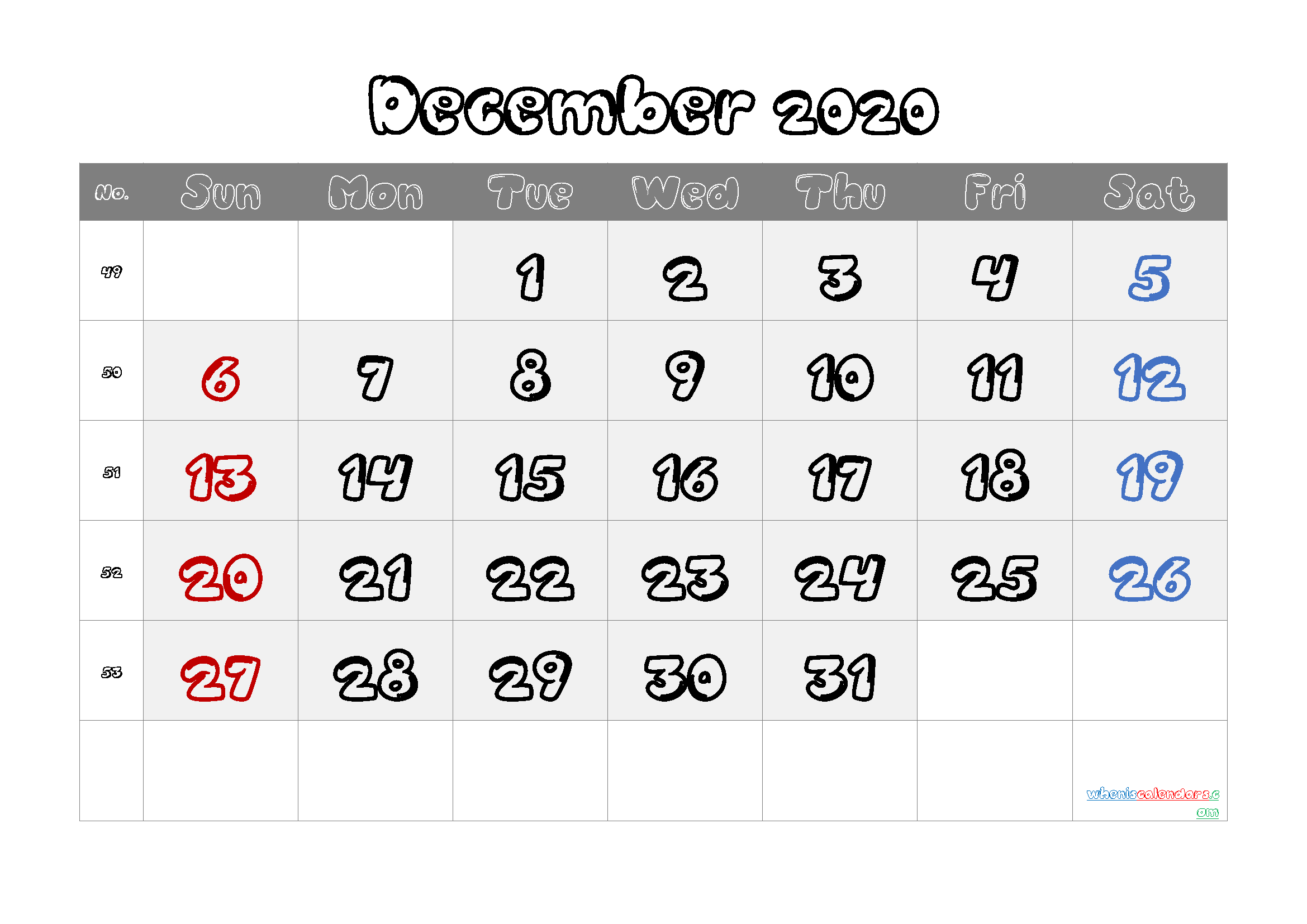 Editable December 2020 Calendar