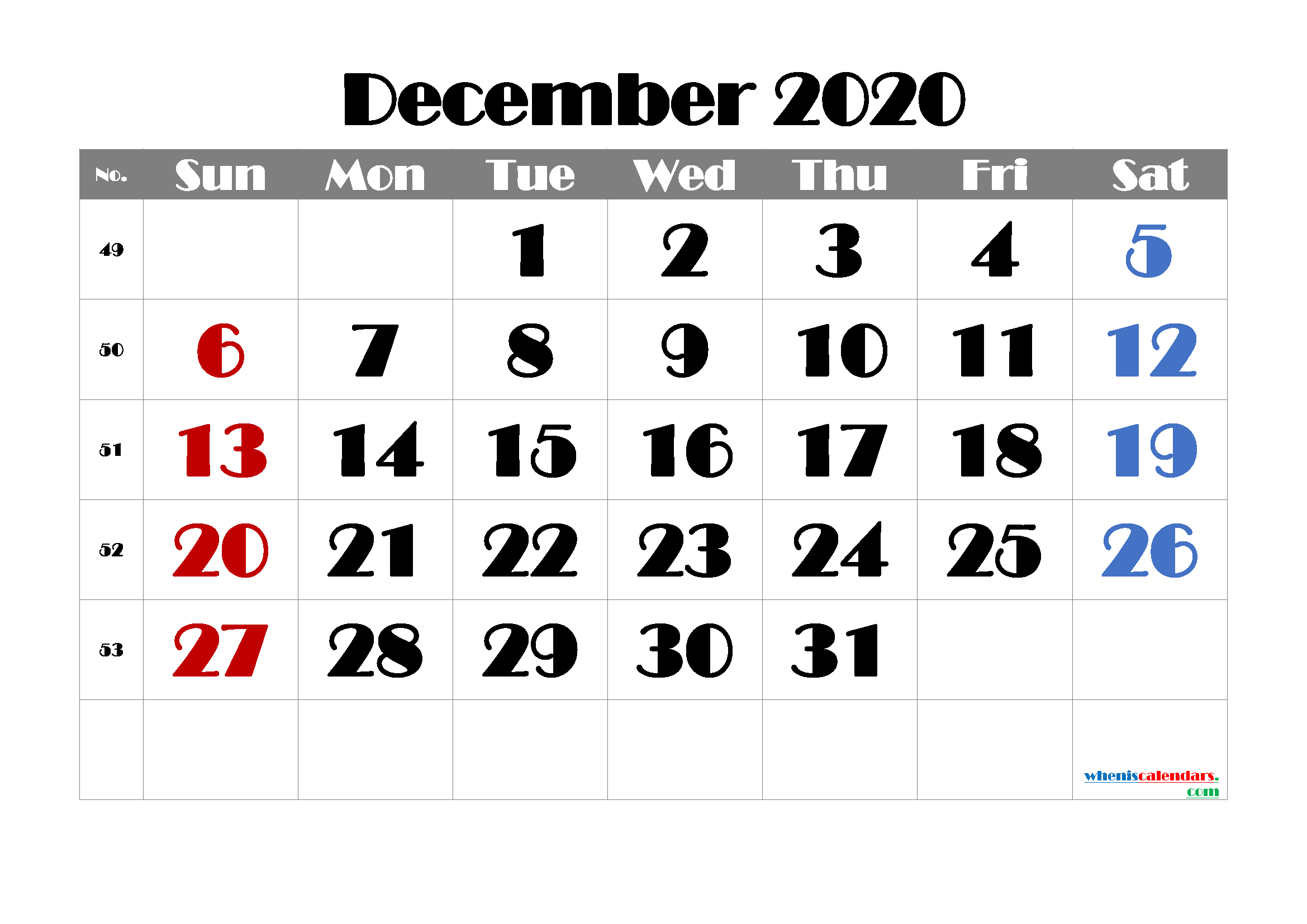 Calendar December 2020 Printable Free