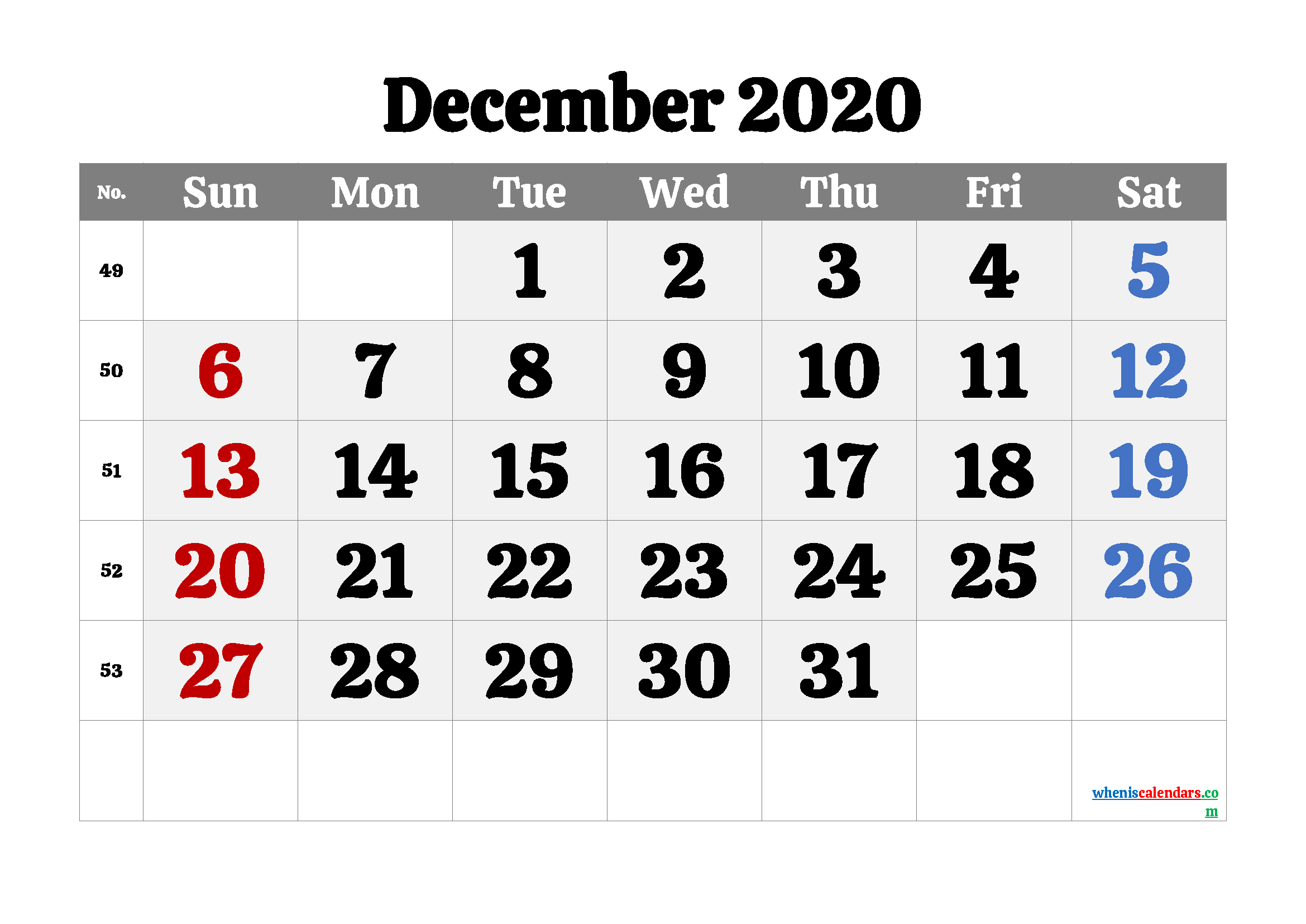 Printable December 2020 Calendar Free