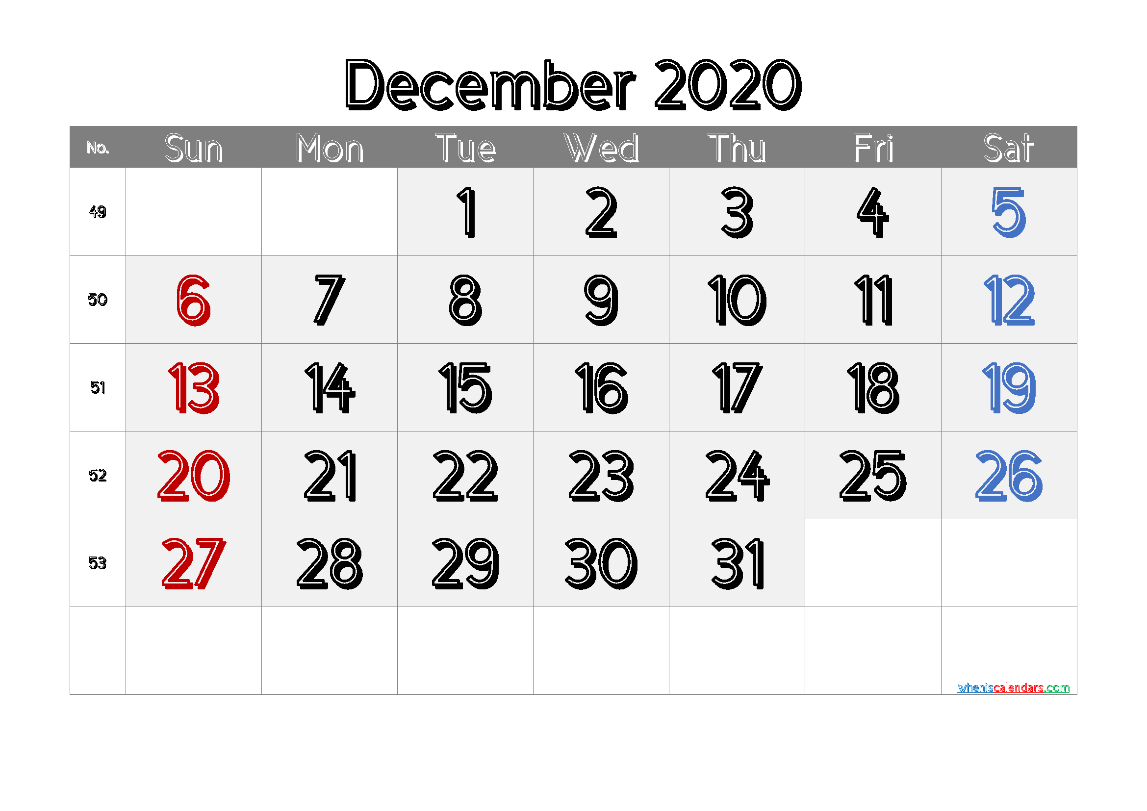 Free Editable December 2020 Calendar