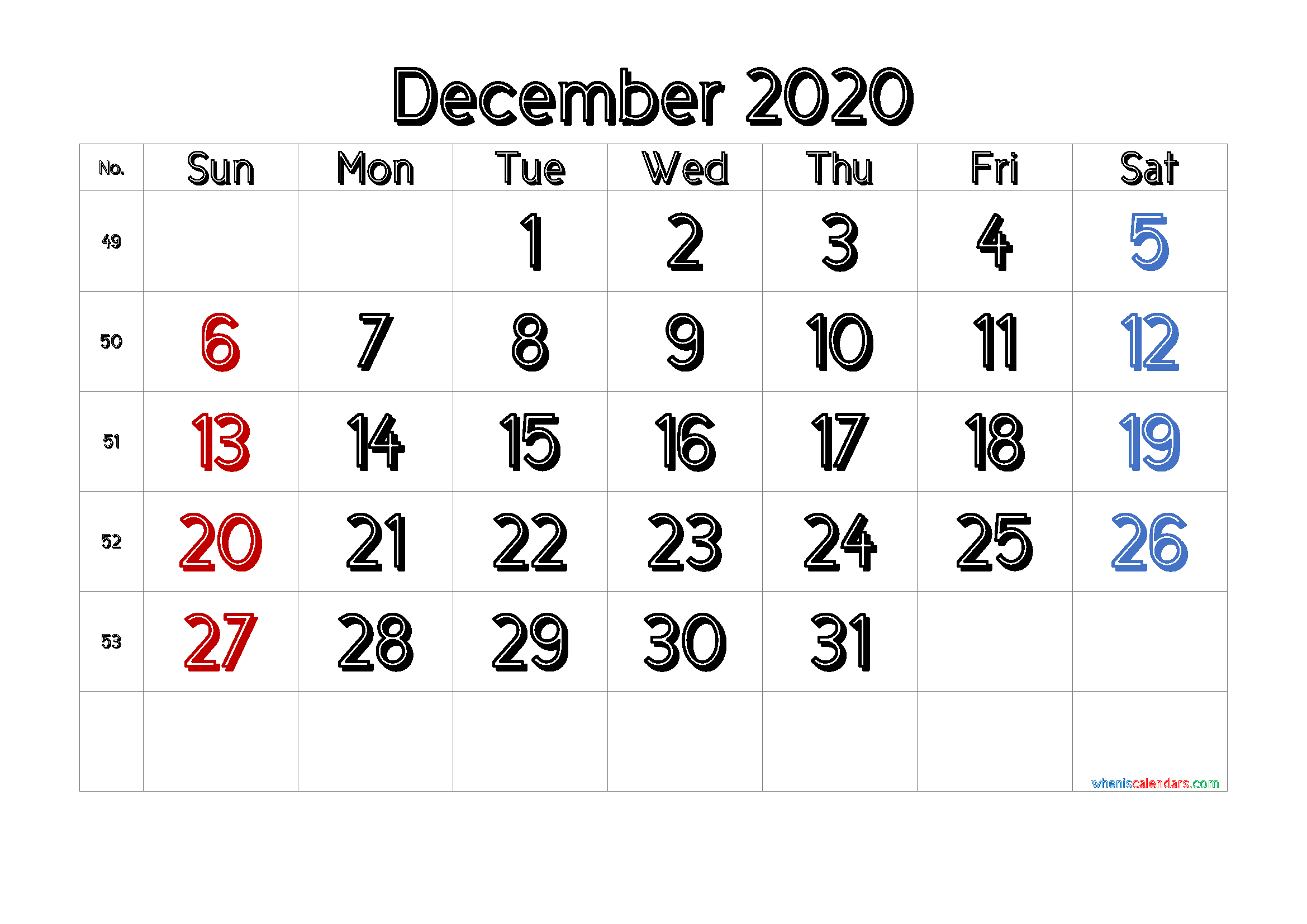 Free Printable December 2020 Calendar