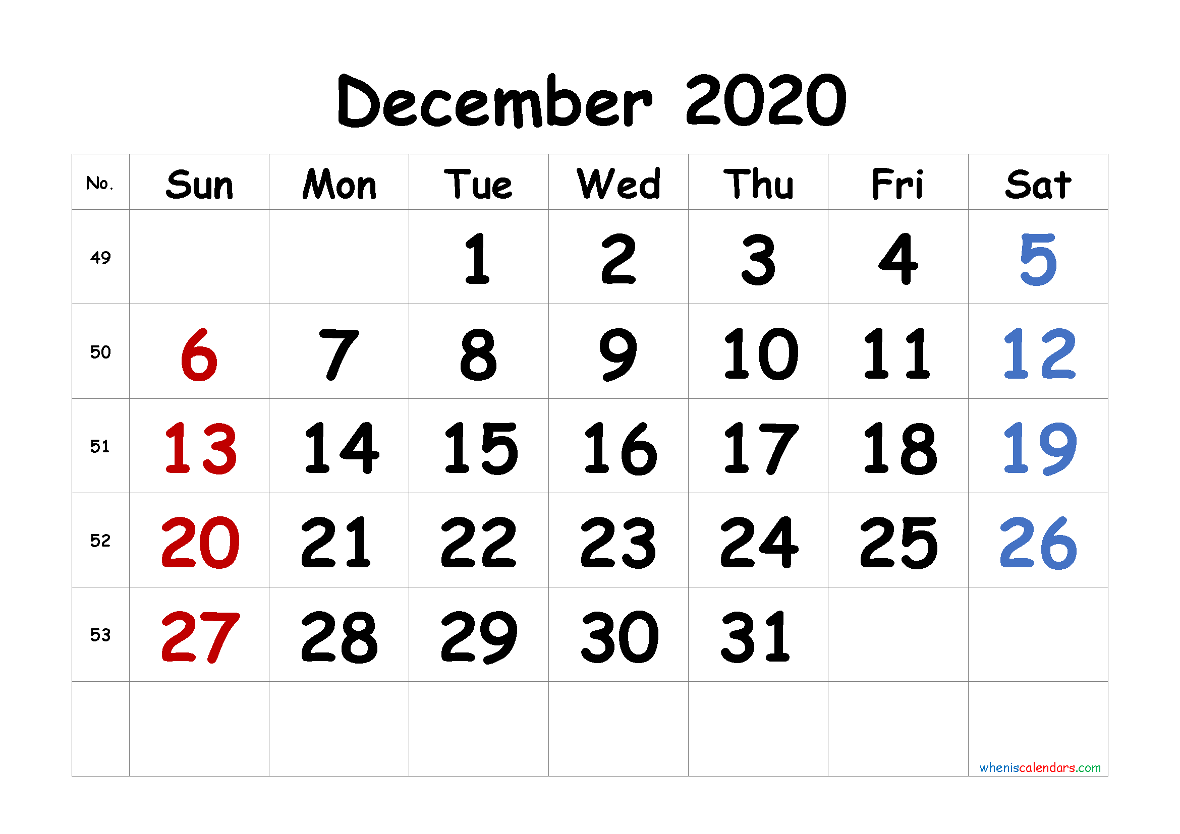 Printable December 2020 Calendar Free